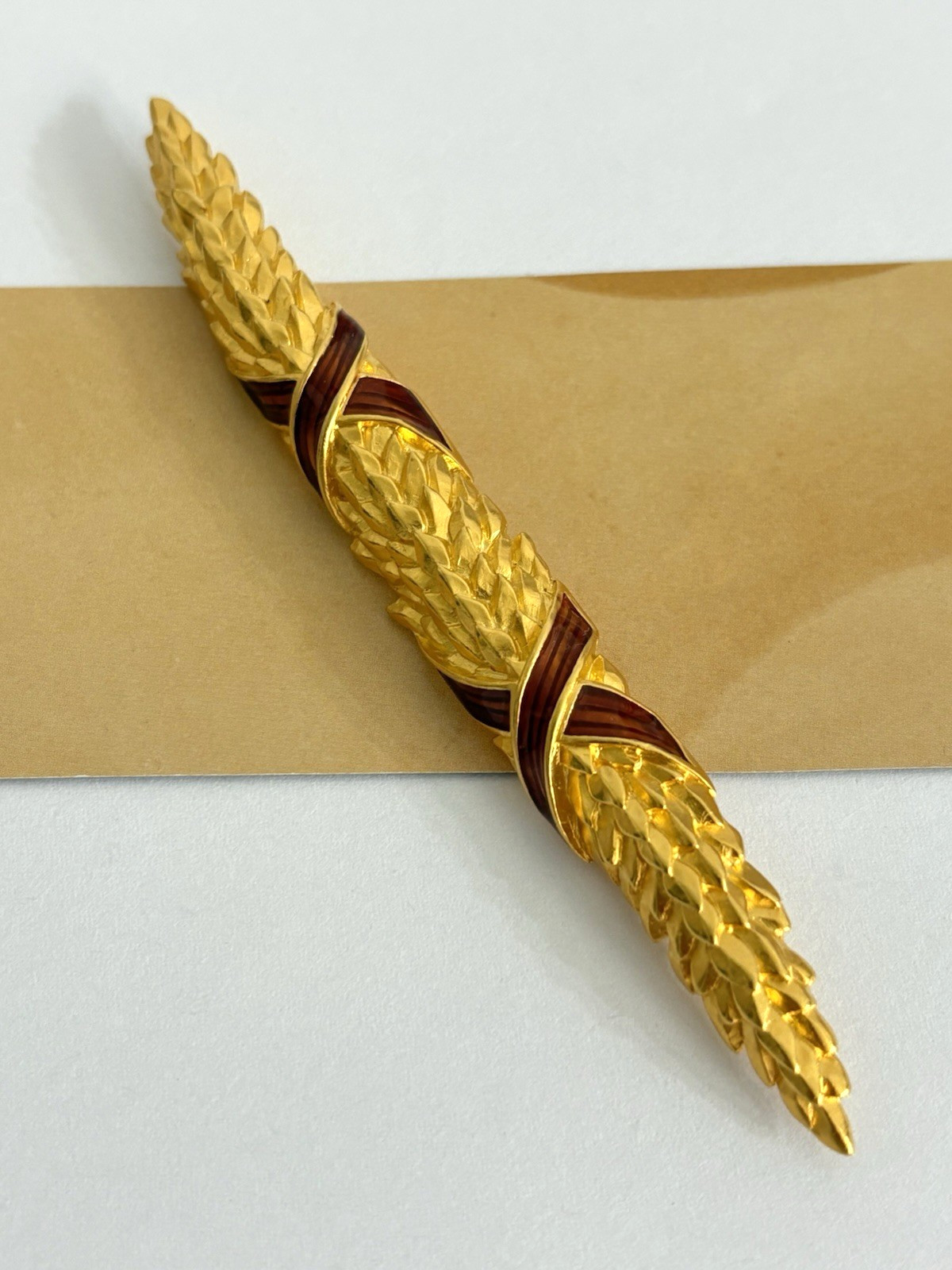 Vintage Karl Lagerfeld Wheat Brooch Brushed Matte Gold Tone Finish Red Enamel