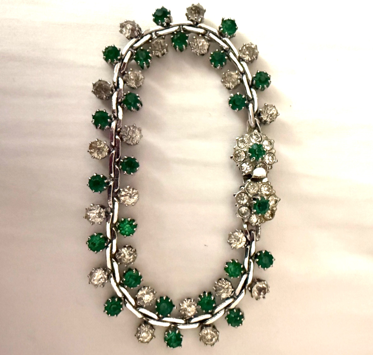 Vintage Crystal Emerald Diamond Rhinestone Silver Bracelet 7.25 inches Ornate