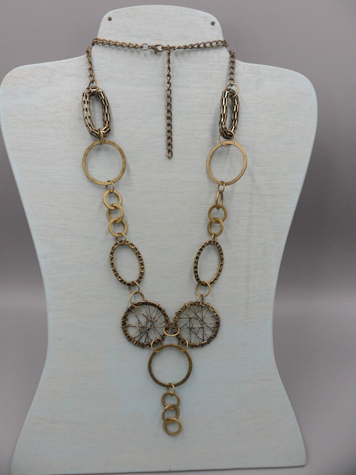 Long Bib Necklace Antique Brass Circle Oval Links Dreamcatcher Wire Wrapped