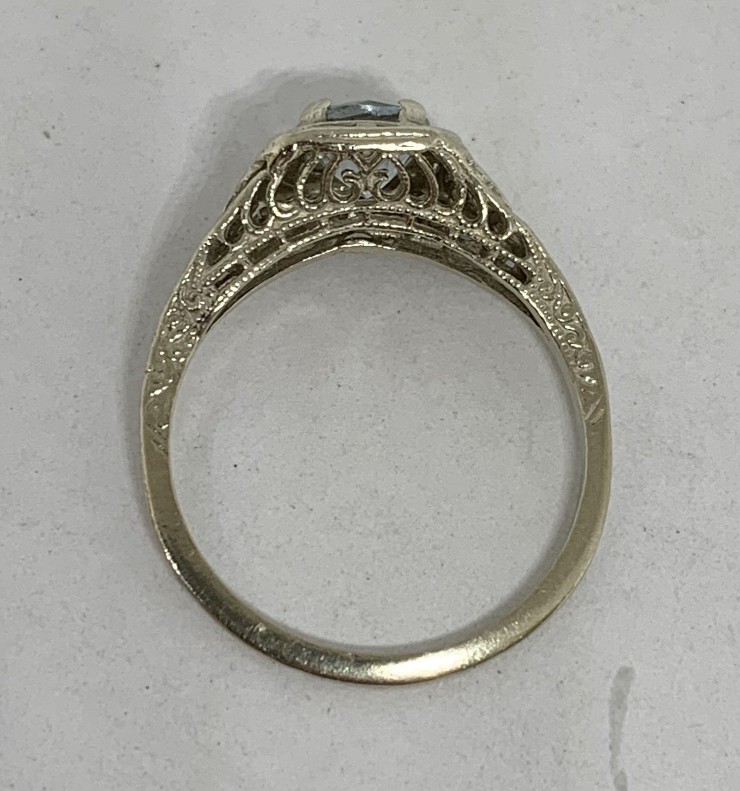 Art Deco Vintage 14k White Gold .5ctw Light Blue Aquamarine Filigree Ring Sz6.5