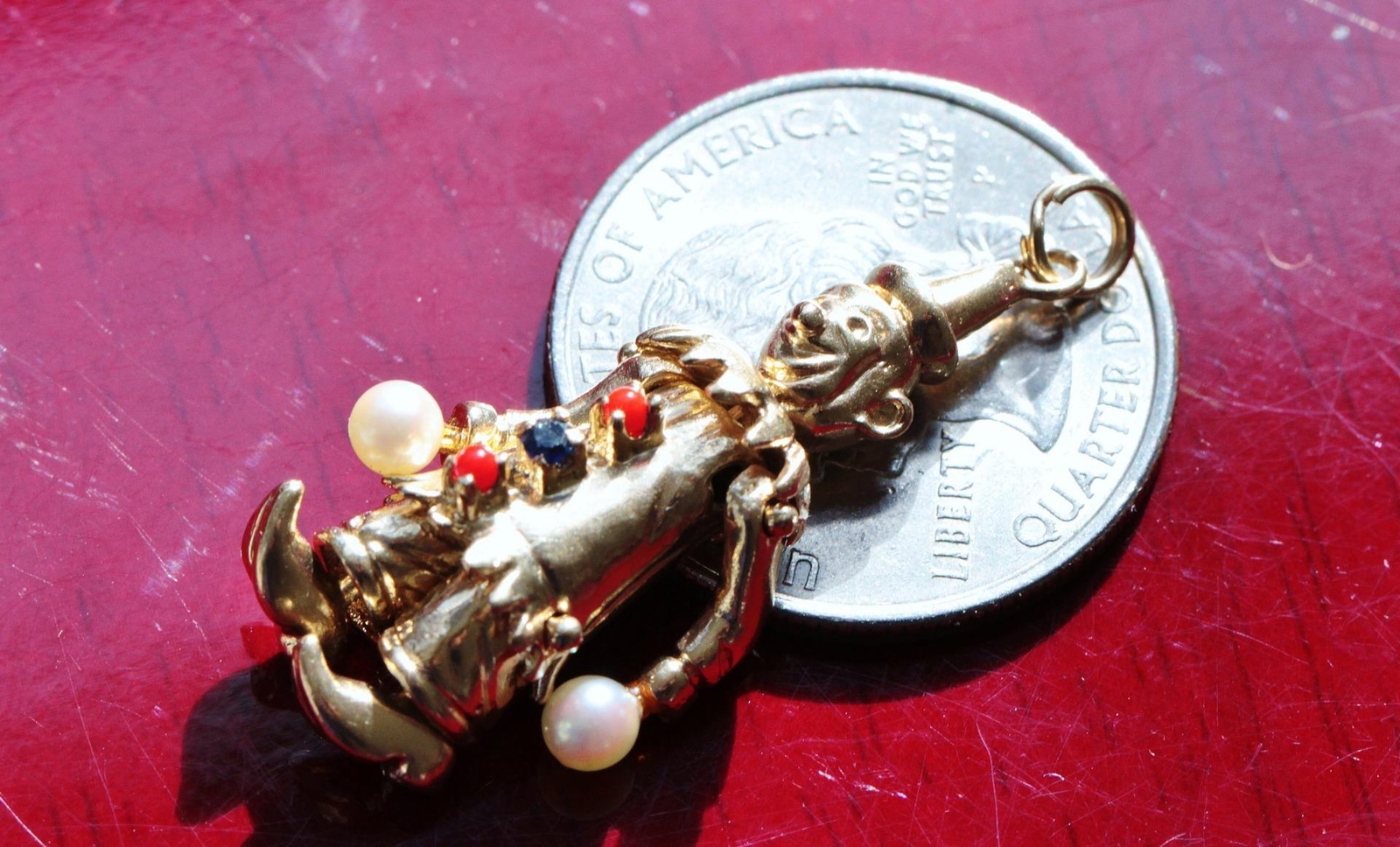 14k yellow gold 3.5mm cultured pearl sapphire 3D movable clown pendant heated 8g