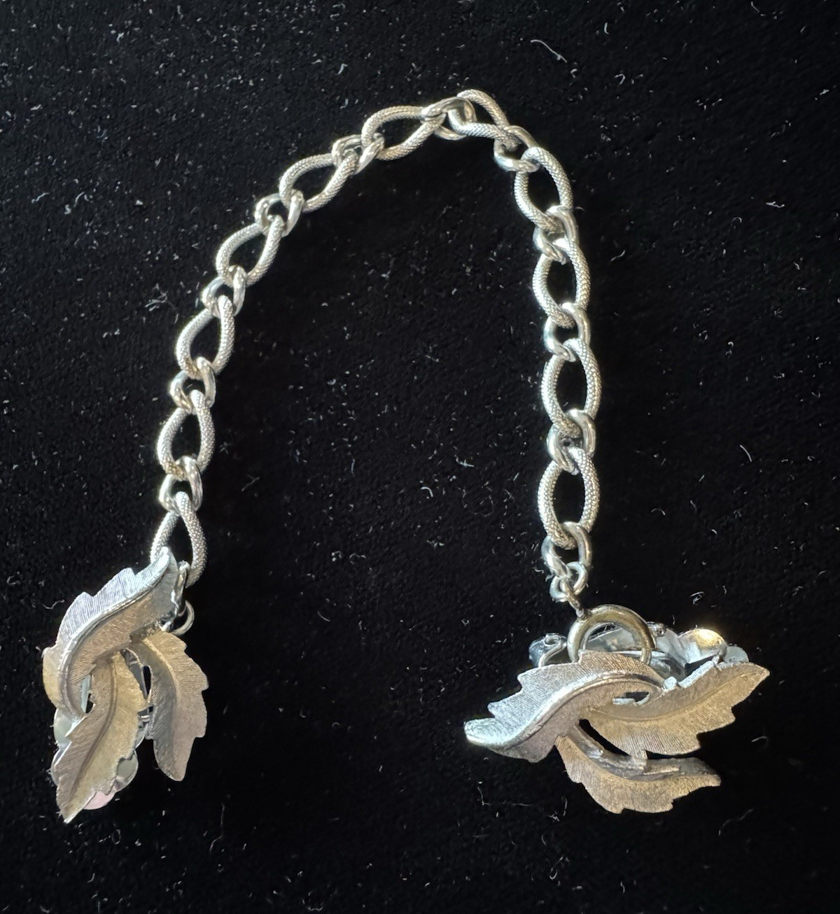 Trifari Silver Tone Leaf Dress Clip with Chain, Flowers & Plants Theme