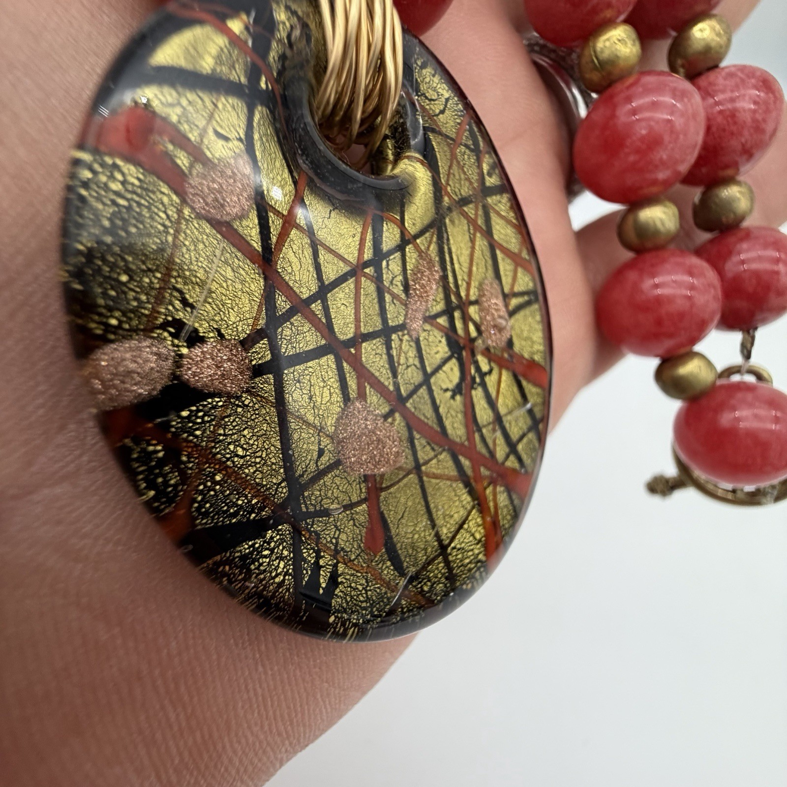 Vintage Artisan Rhodocrosite Pink Gemstone Necklace Murano Pendant Estate