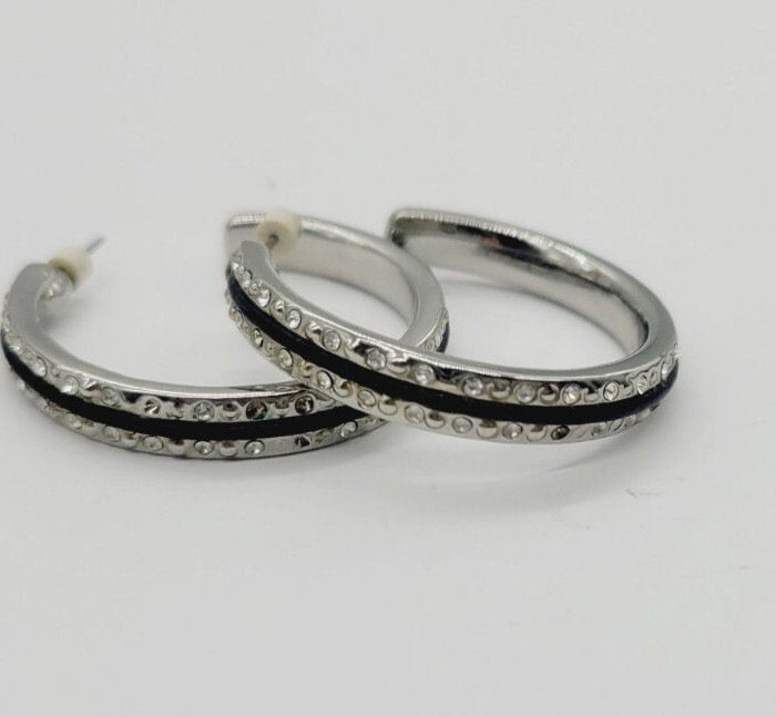 Nine West Hoop Earring Silver Tone Black with Crystal accent Pierced 1.5 in