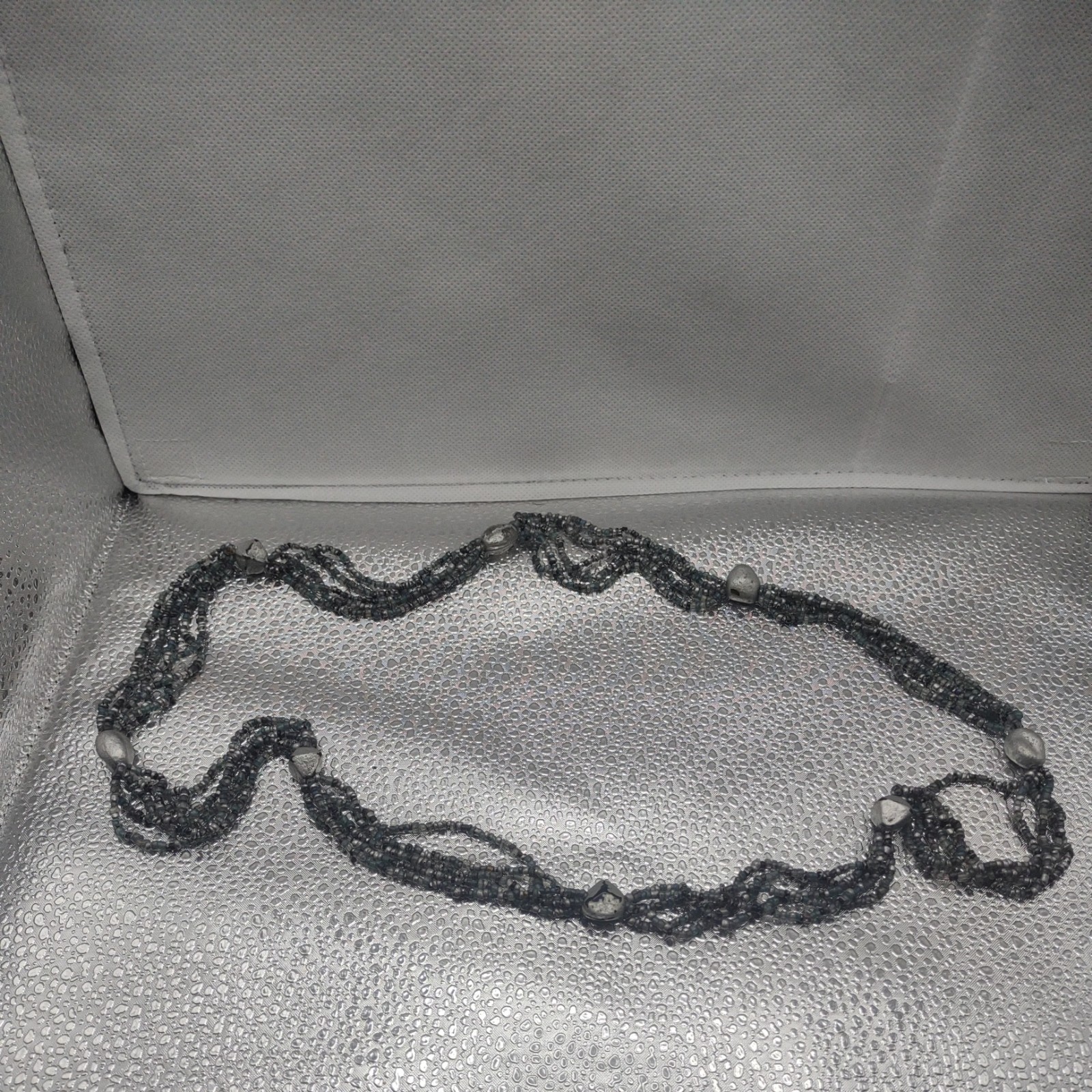 Vintage Shiny Black, Grey, White Necklace 5 Strand Stone Seed Bead Jewelry 17″