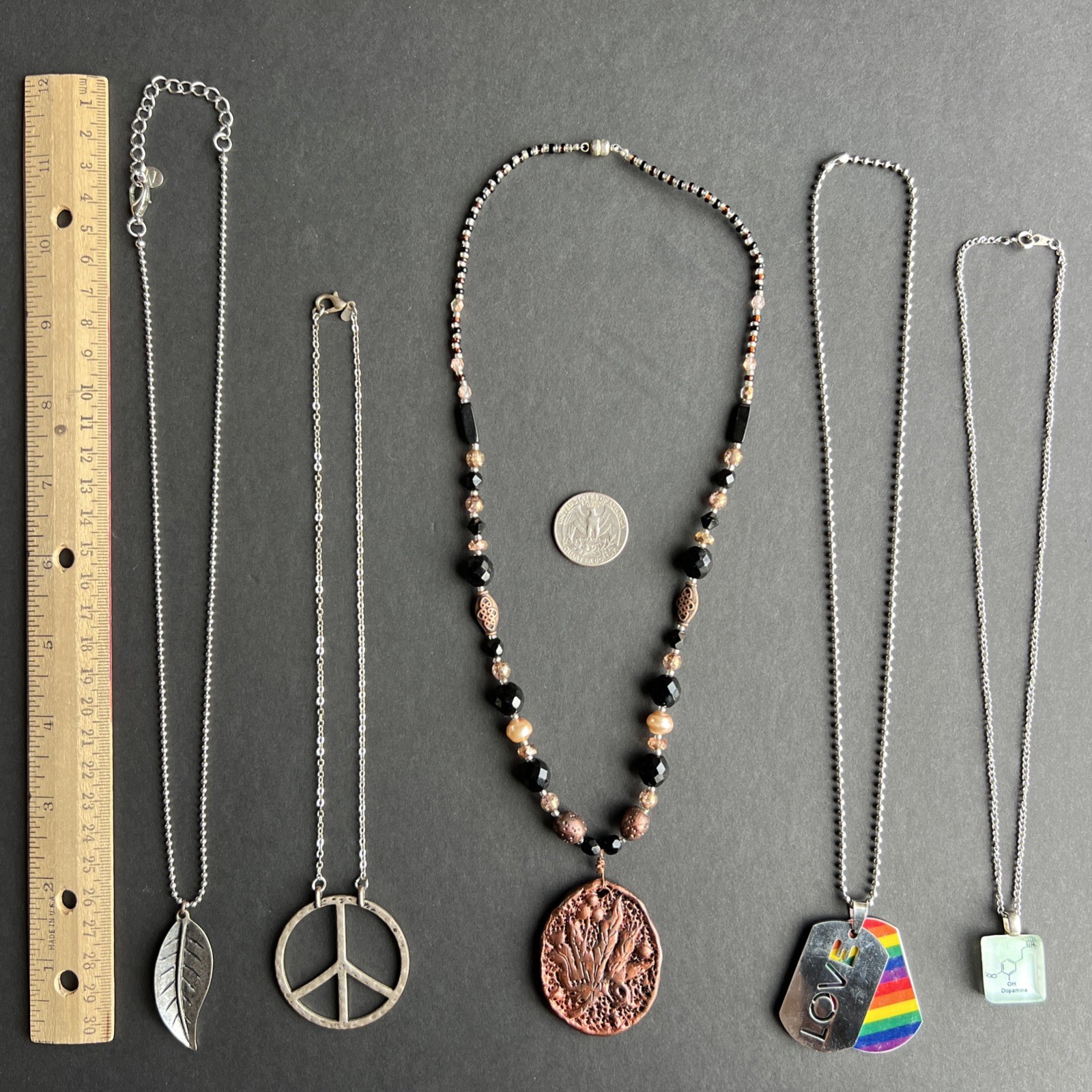 Peace Love Dopamine Weed Leaf Necklaces Vintage Copper Silver Tones Necklace LOT