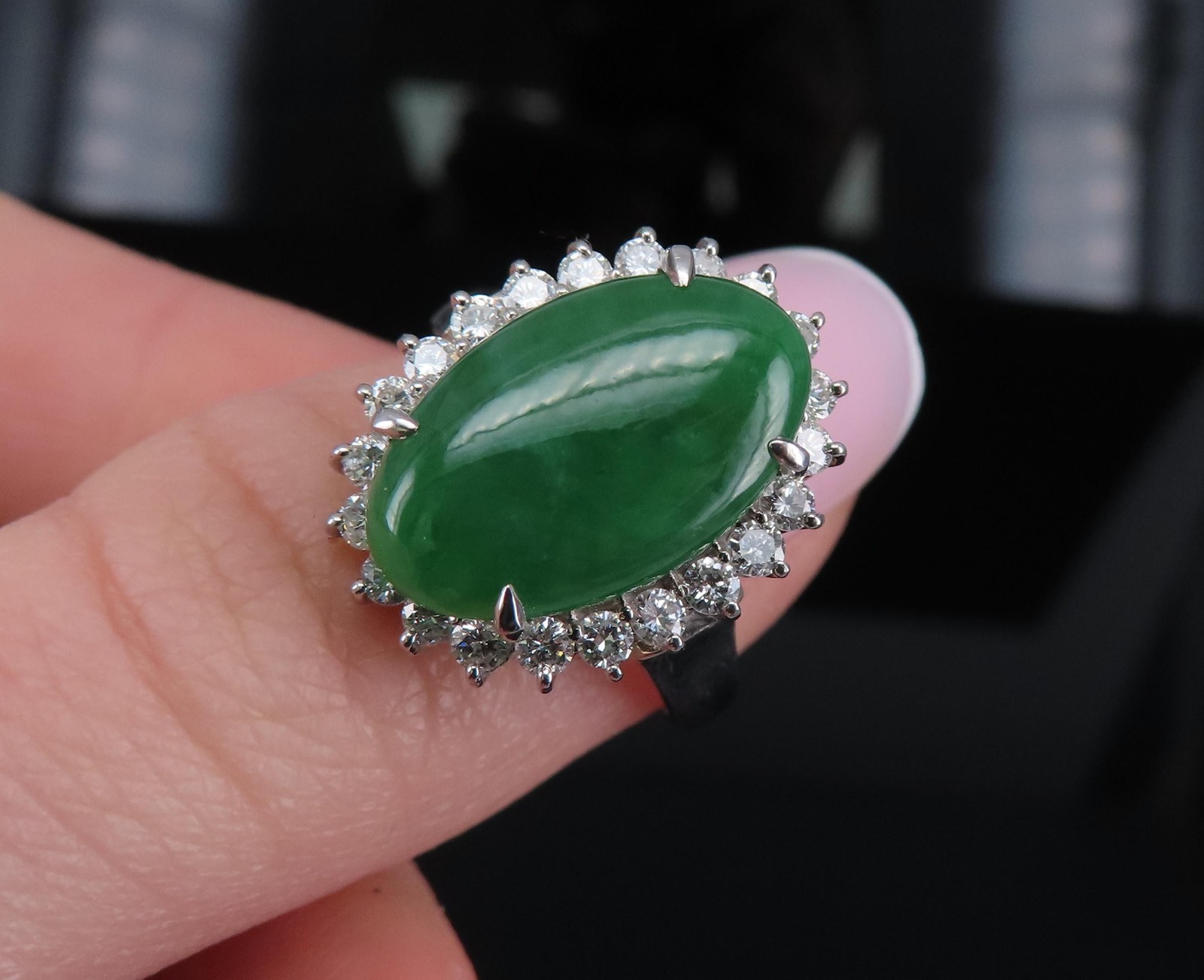 5.95ct Natural Green Jadeite Jade 0.75ct Diamond Platinum Ring Size 8.5