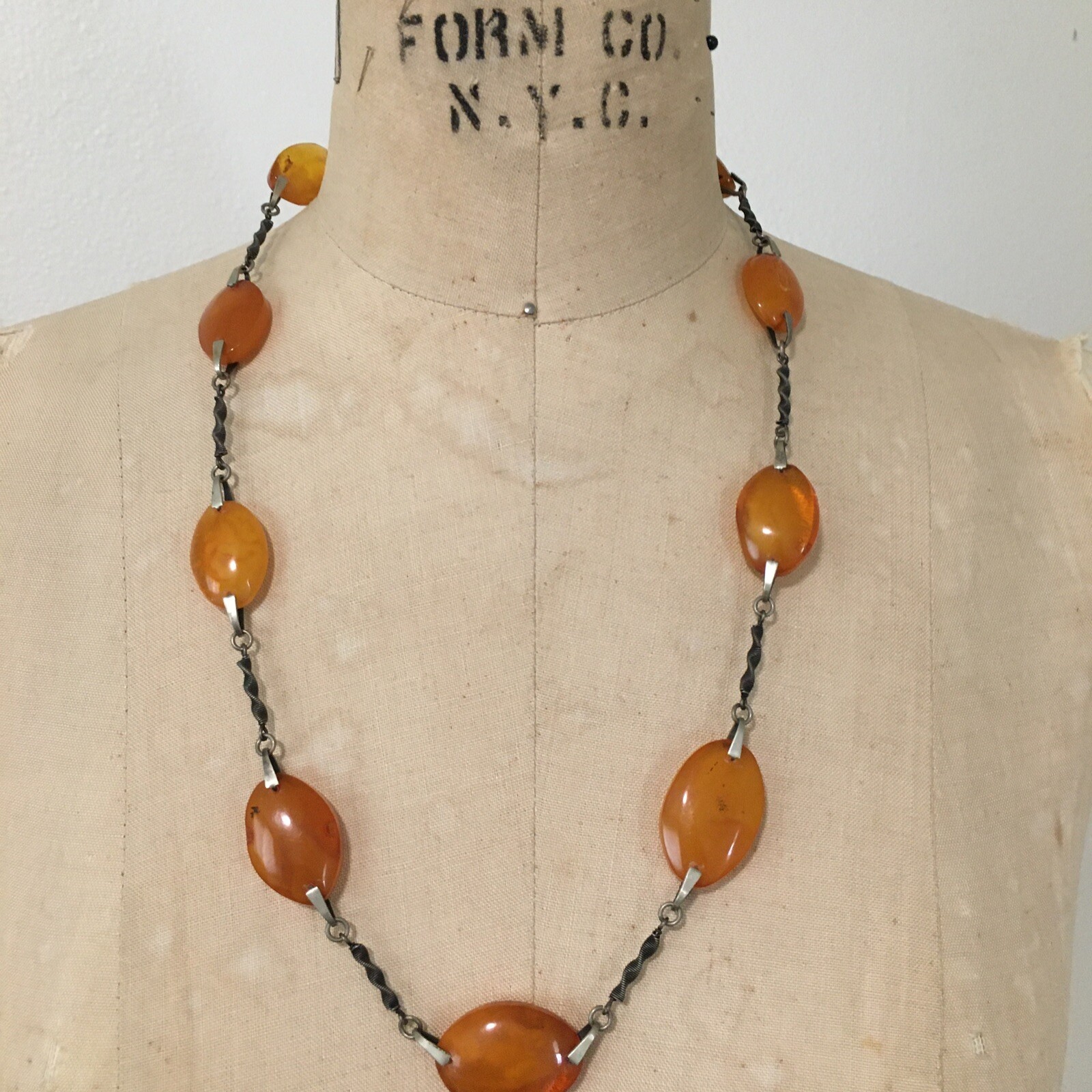 ANTIQUE AMBER NECKLACE BUTTERSCOTCH + SILVER CHAIN STAMPED 9RK