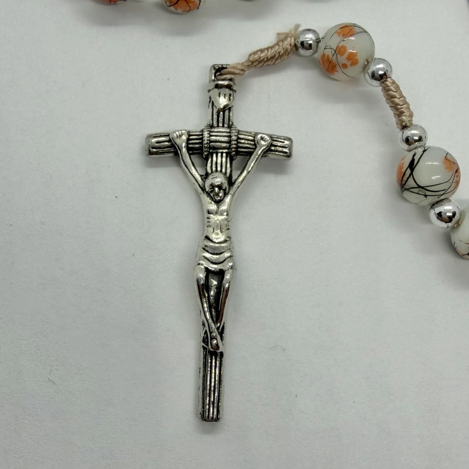 Vtg Catholic Religious Orange Rosary Glass Beads Necklace Silvertone Prayer