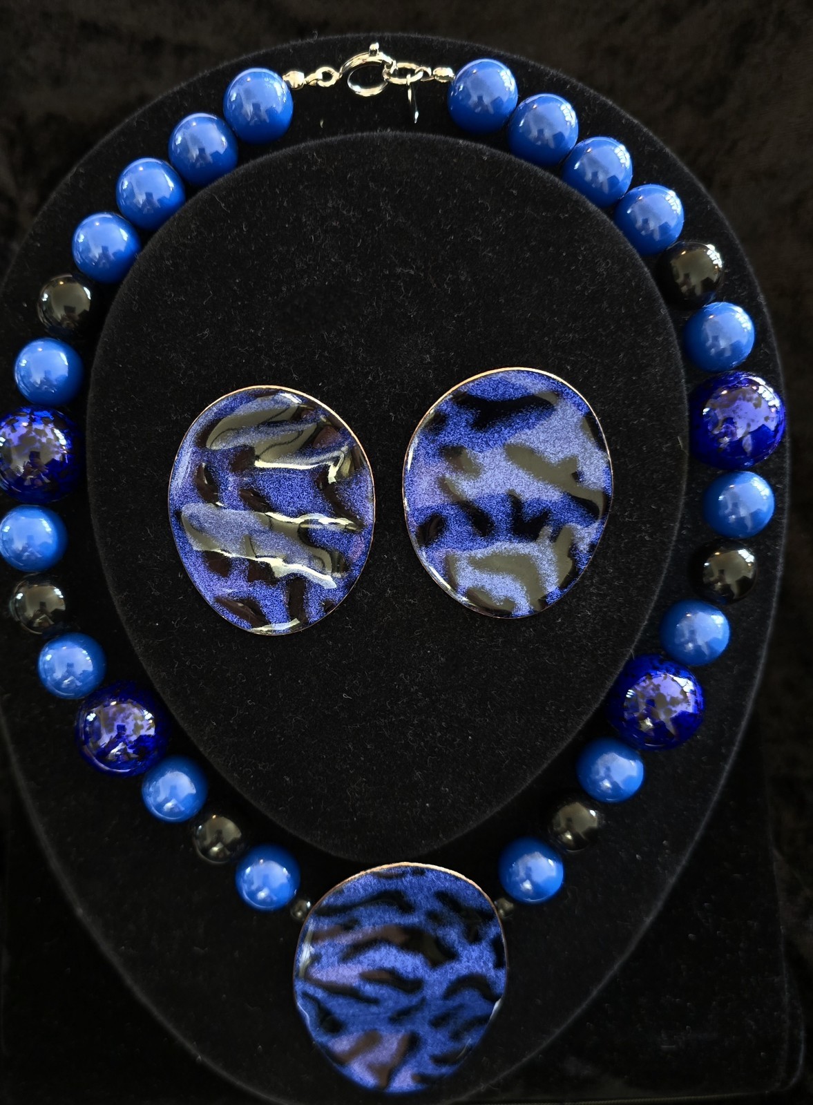 Vtg 80s Park Lane “Niagara” 18″ Blue~Violet Tigerstrip Necklace & Earrings Set