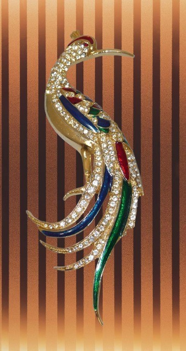 Rhinestone & Enamel Peacock Bird Brooch Red Green Purple Gold Multicolor