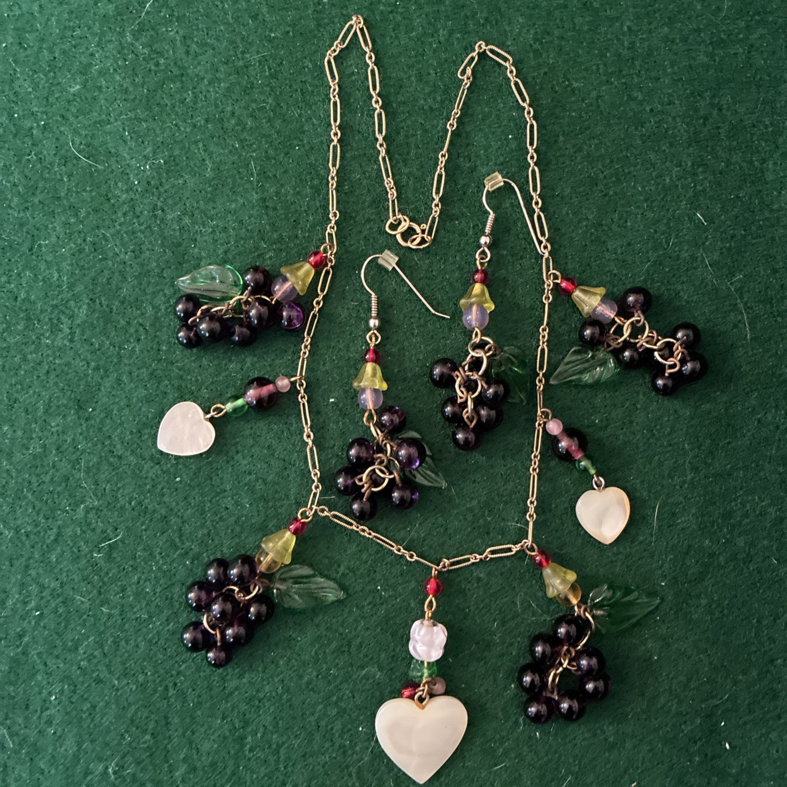 Vintage Hand Crafted Amazing Heart & Grape Cluster Dangle Necklace & Earrings