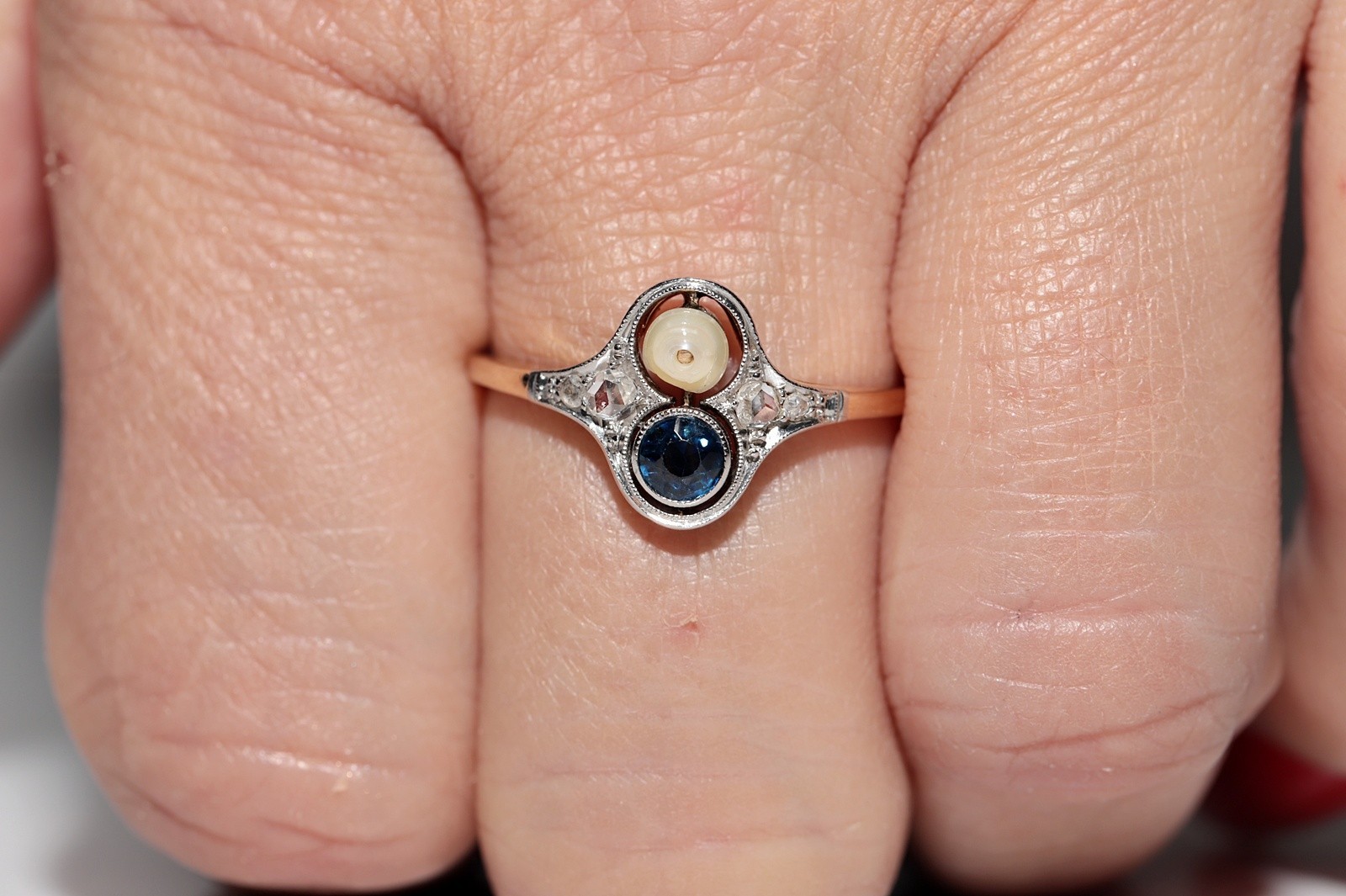 Antique Circa 1920s 14k Gold Natural Rose Cut Diamond And Sapphire Pearl Ring