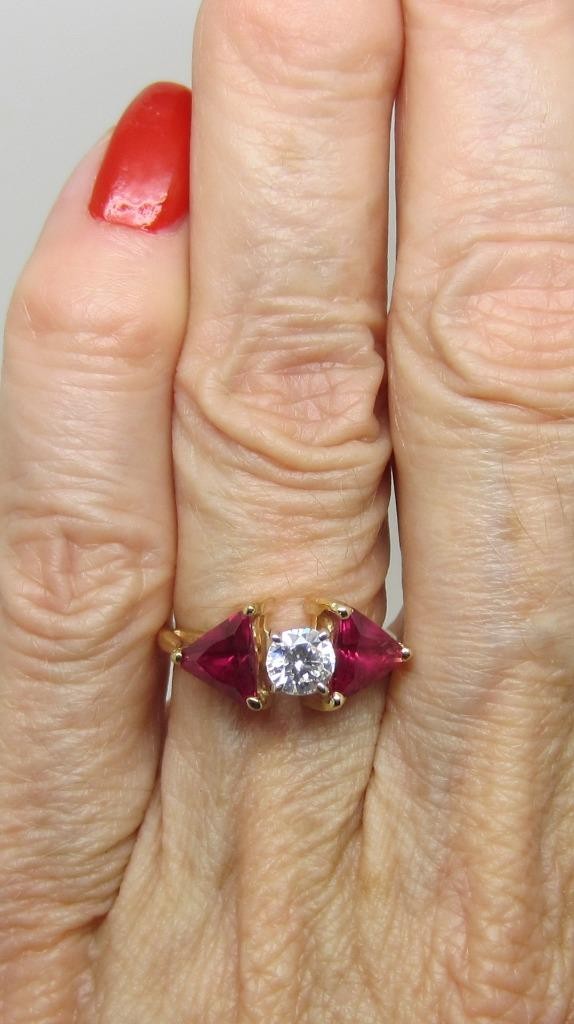 Vintage 14K Yellow Gold Natural Diamond Trillion Synthetic Ruby Ring Size 4.5