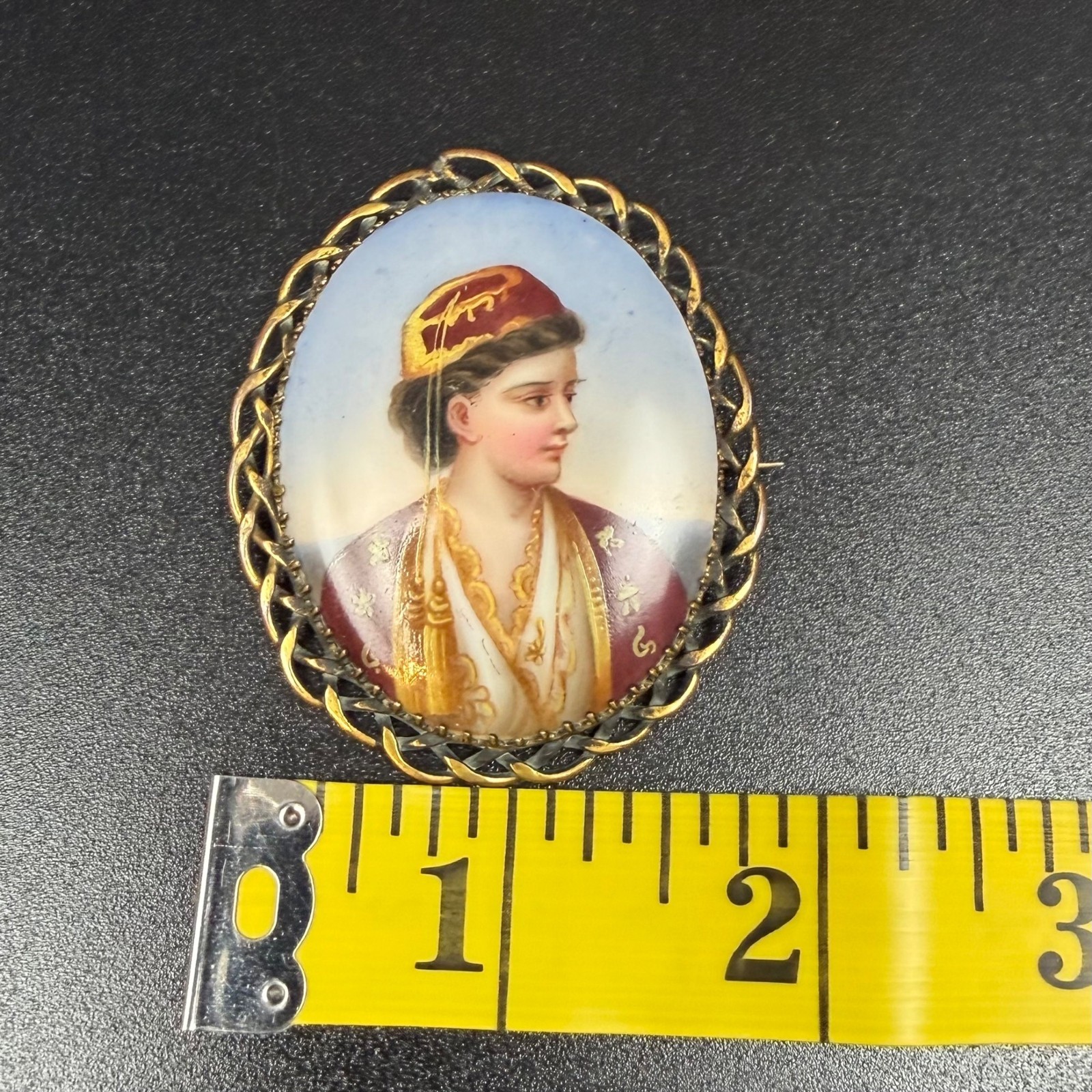 Antique Hand Painted Porcelain Portrait Brooch Woman Greek Ottoman Costume