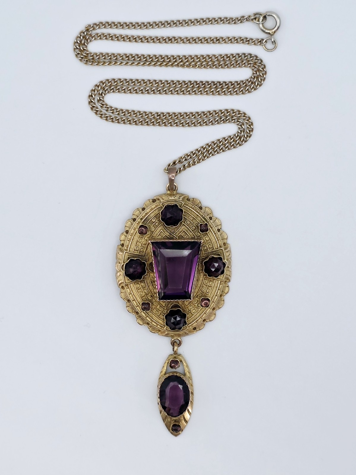 Antique Austro Hungarian Floral Filigree Lace Pendant Necklace Purple Glass