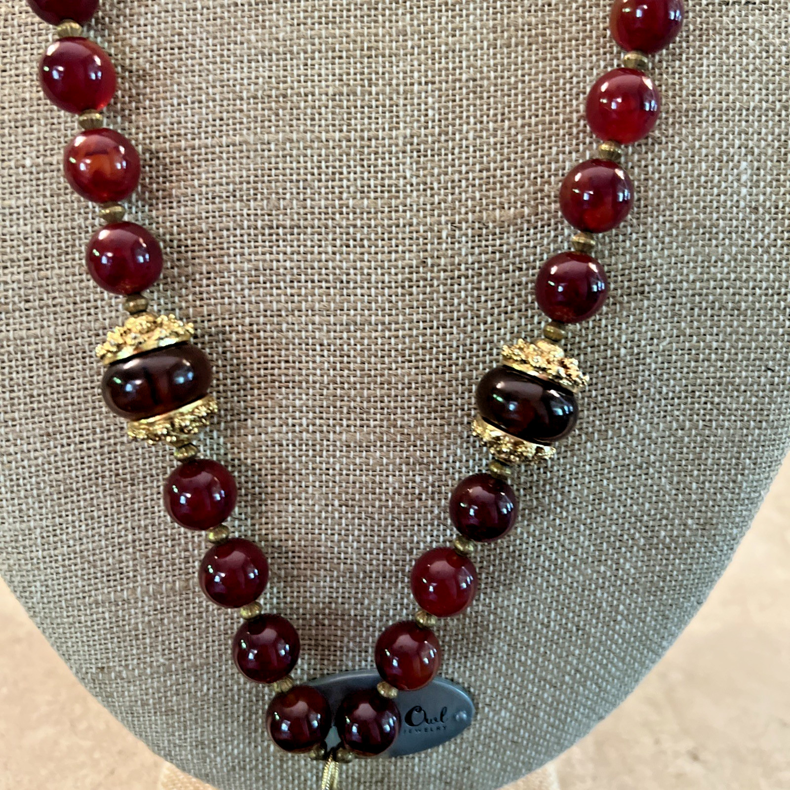 VTG SIGNED KENNETH LANE CARNELIAN RED AMBER GLASS BEAD PENDANT NECKLACE RARE 33″