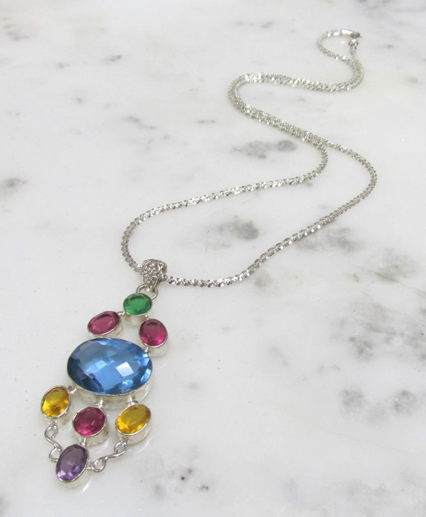 Gorgeous Sterling Silver Multicolor Stone Pendant w/ 22″ Chain ~ 17.5g ~ 9-I851