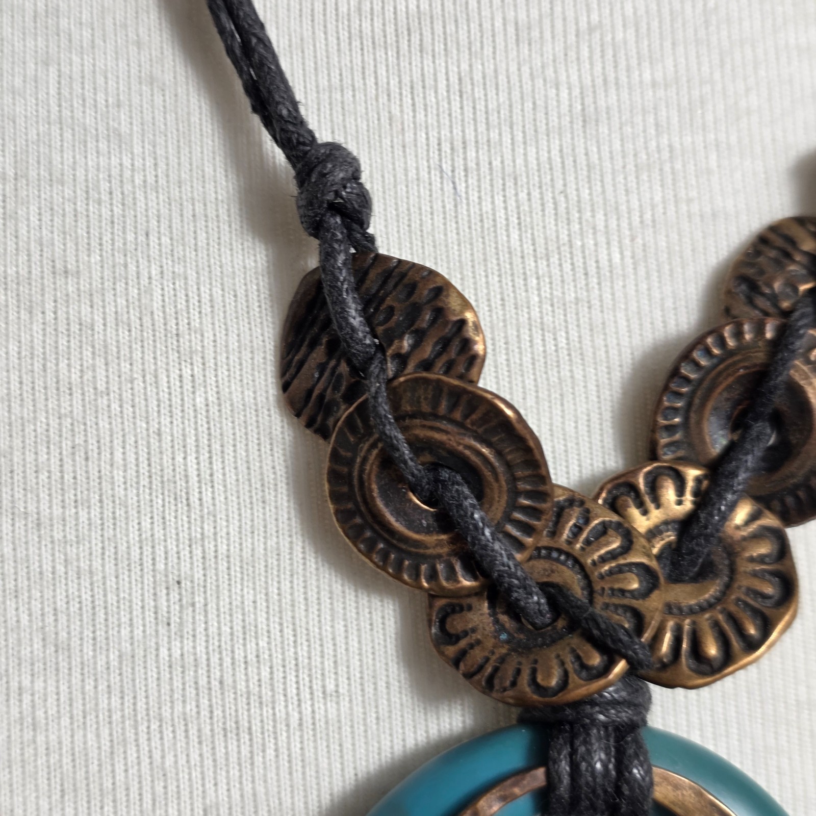 Coldwater Creek Multi-Layered Pendant Necklace Teal Resin Ring Bronze Discs