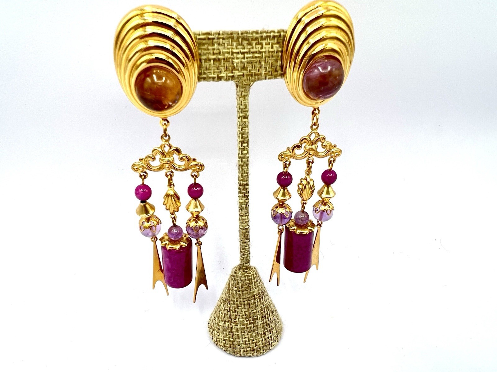 Vintage 1980s Saks NOS Gold Amethyst Fuchsia Chandelier Spikes Earrings RO-DO SI