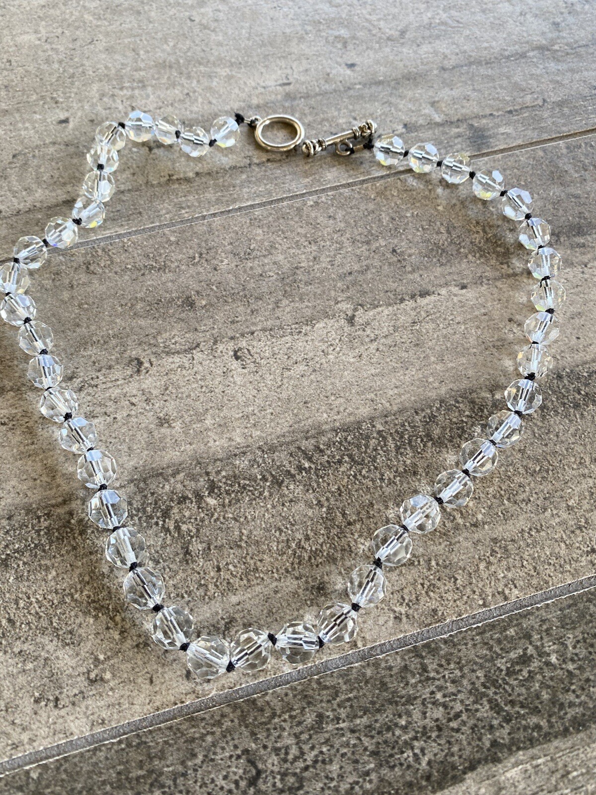 Necklace Faceted Crystal Glass Beads Clear Black Thread Knotted Artisan 21”