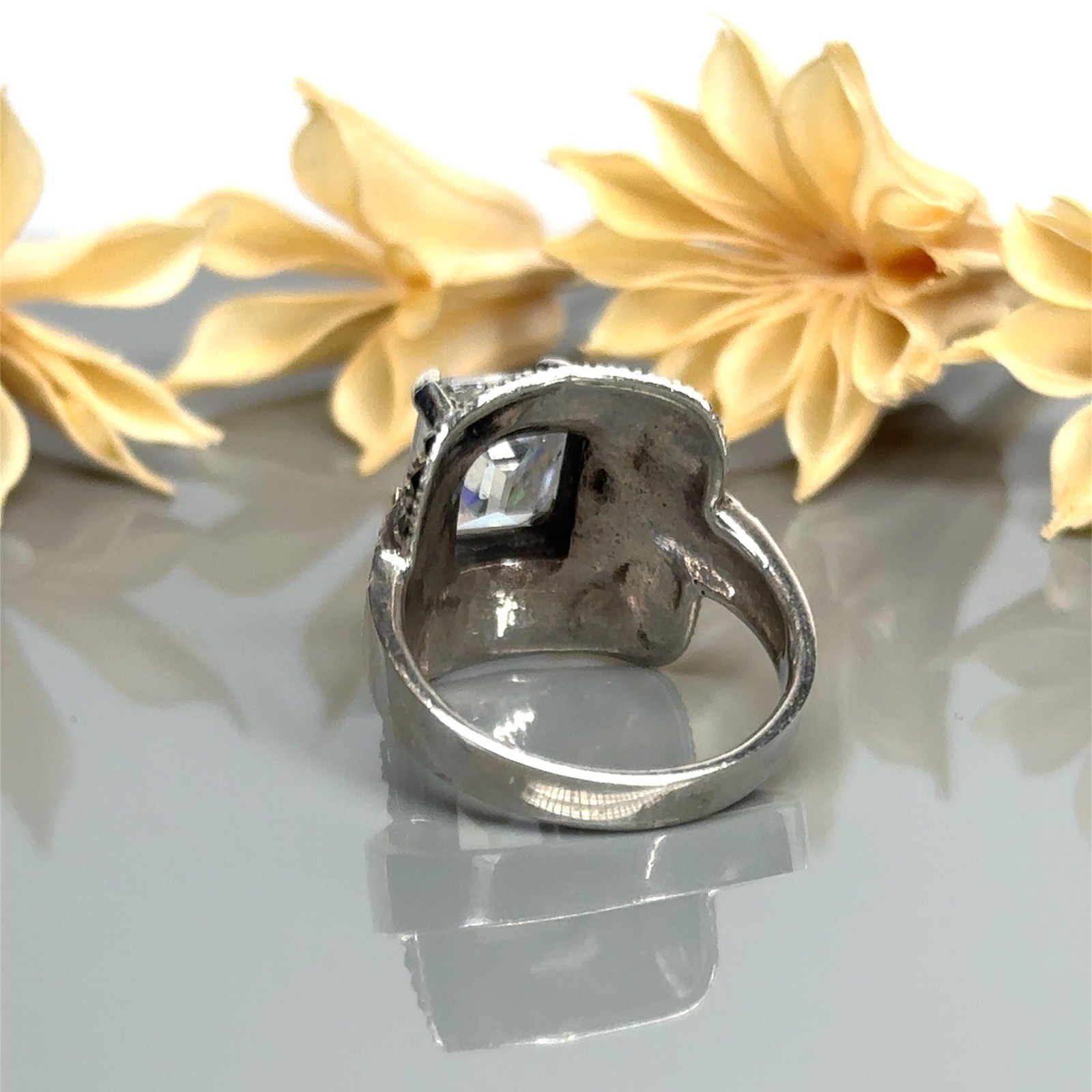 Emerald Cut CZ and Marcasite Sterling Silver Engagement Ring – Size 7.5