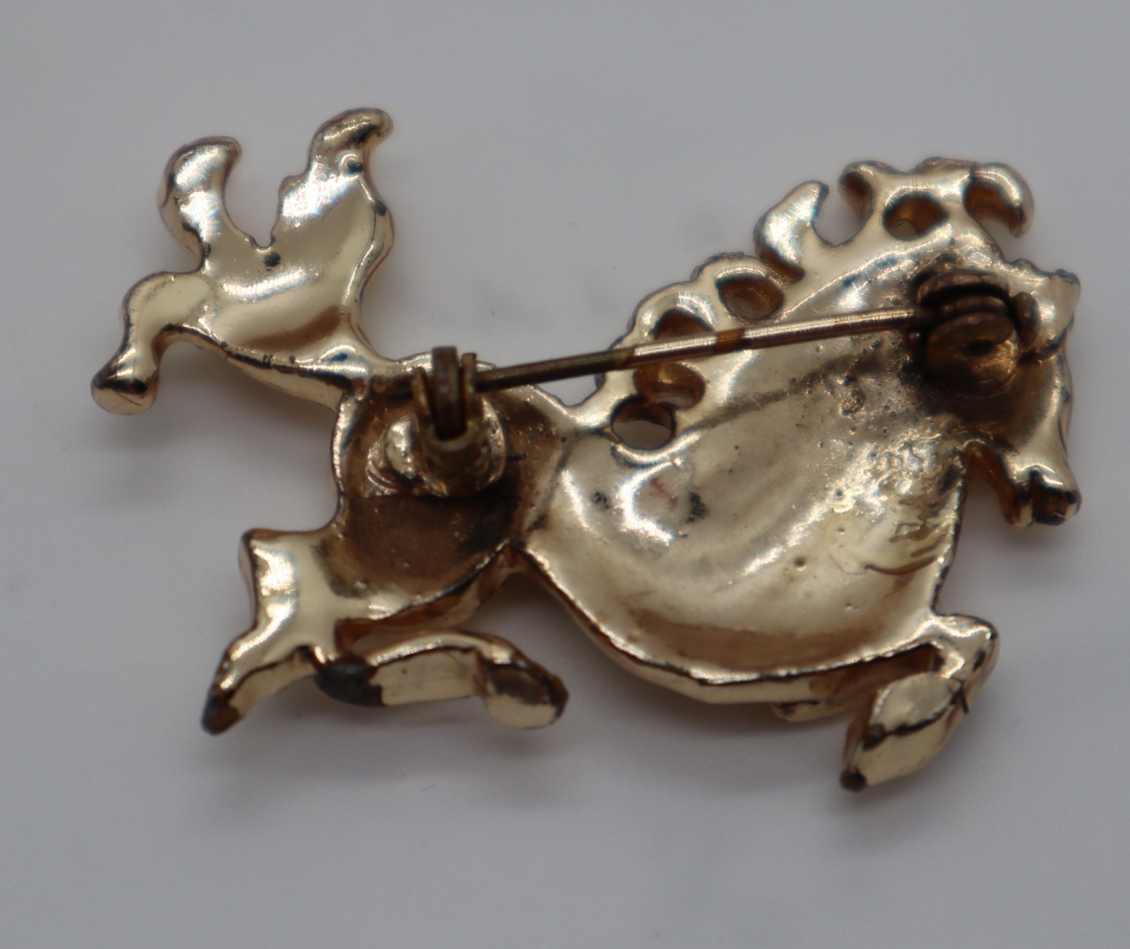 Vintage Figural Carousel HORSE Brooch Pin MCM Blue, Clear, Red Stones Gold tone
