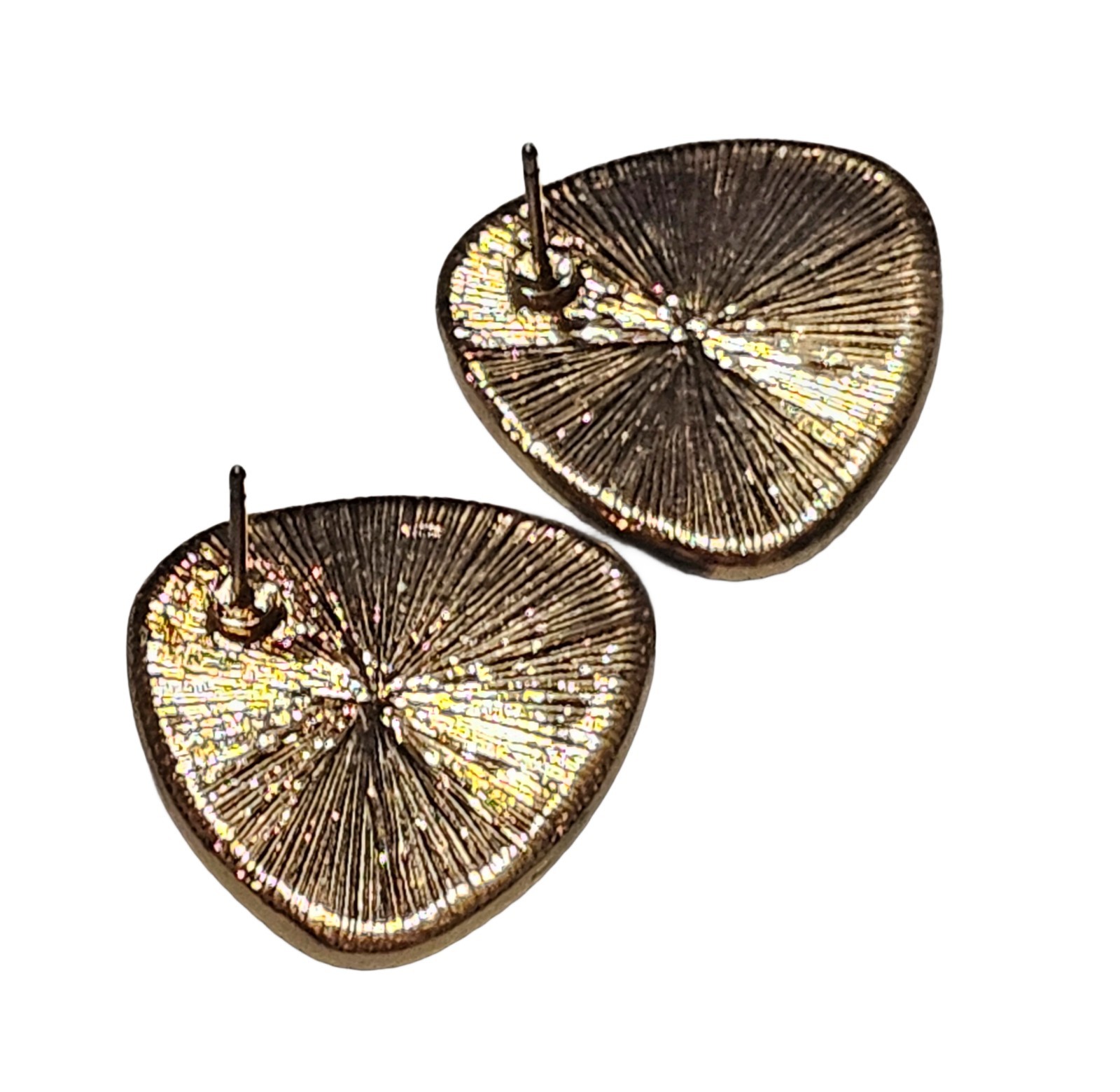 Vintage Retro Green Trillion Cabochon Stud Earrings Gold Tone Textured Border