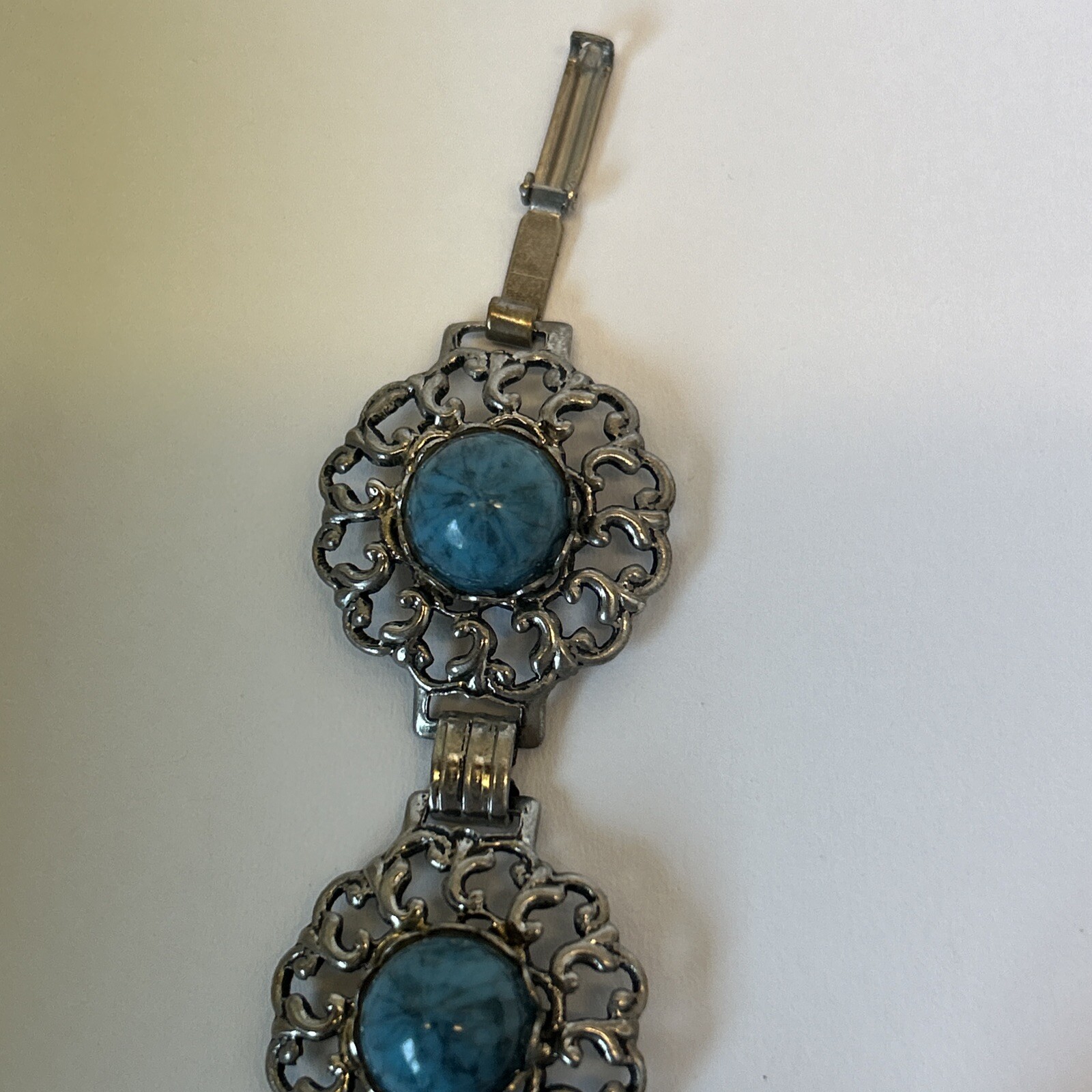 Faux Turquoise Bracelet 2 Earrings Silver Tone Southwestern Boho Tribal Filigree