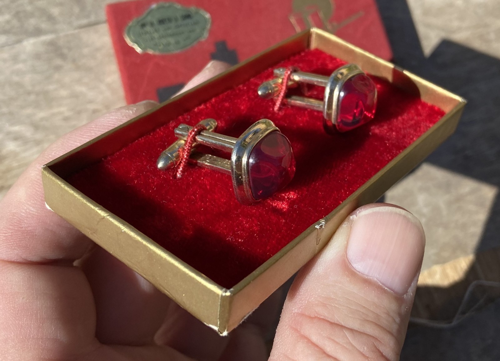 Vintage HADLEY Simulated Red Gemstone Cufflinks Original Box & Jeweler’s Label