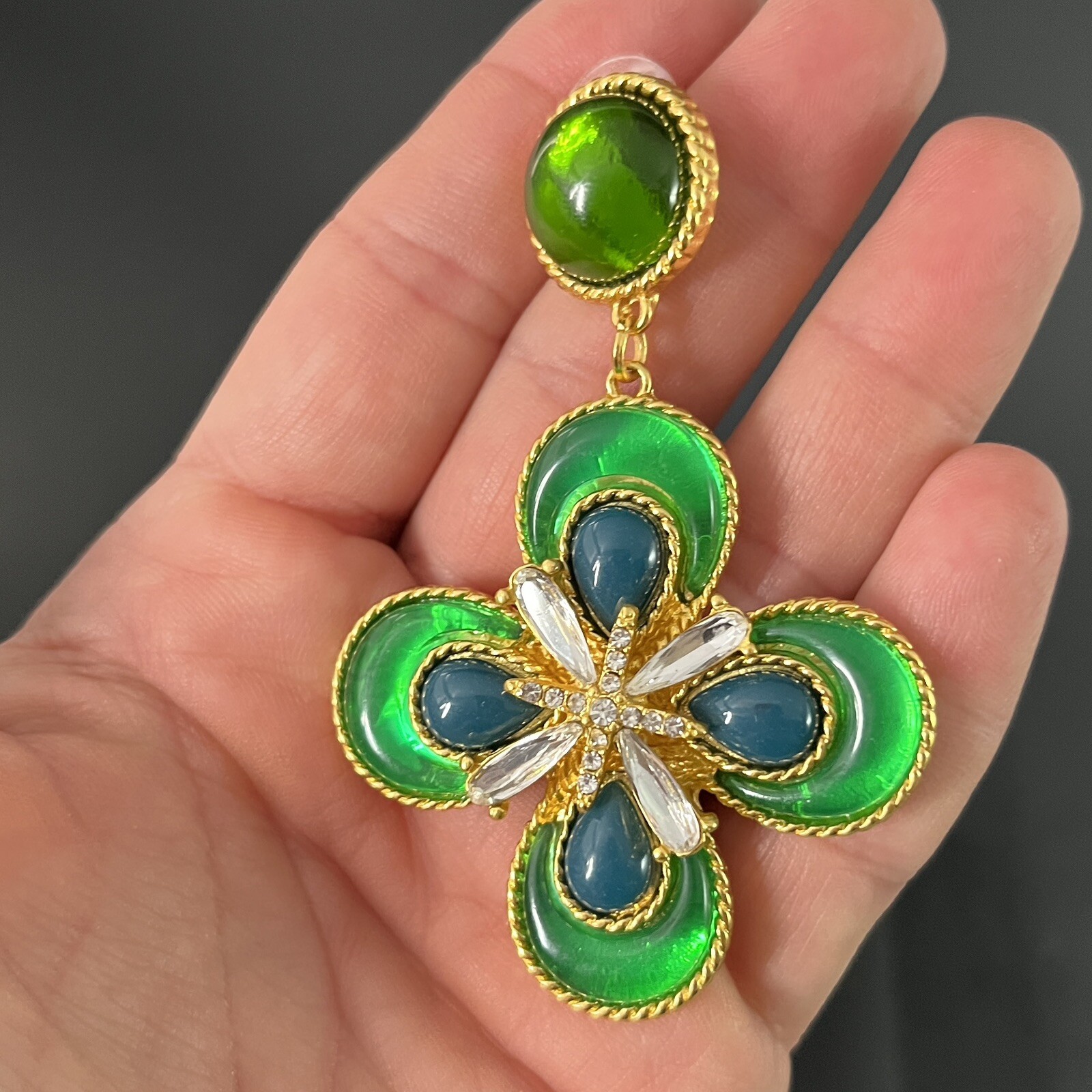 Gripoix Style Maltese Cross Earrings Green Glass Cabochon Gold Pierced Dangle
