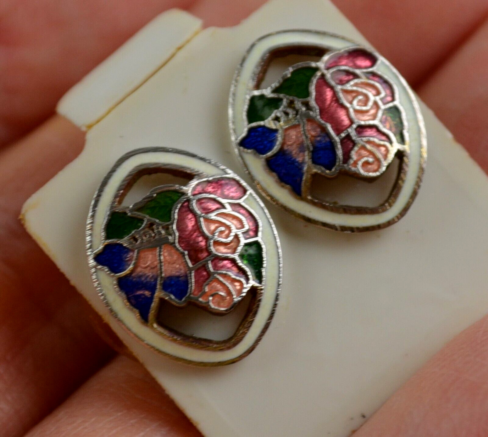 New Vtg Enamel Coated Pierce Post Earrings Pink Flower & Blue Butterfly 1/2 inch