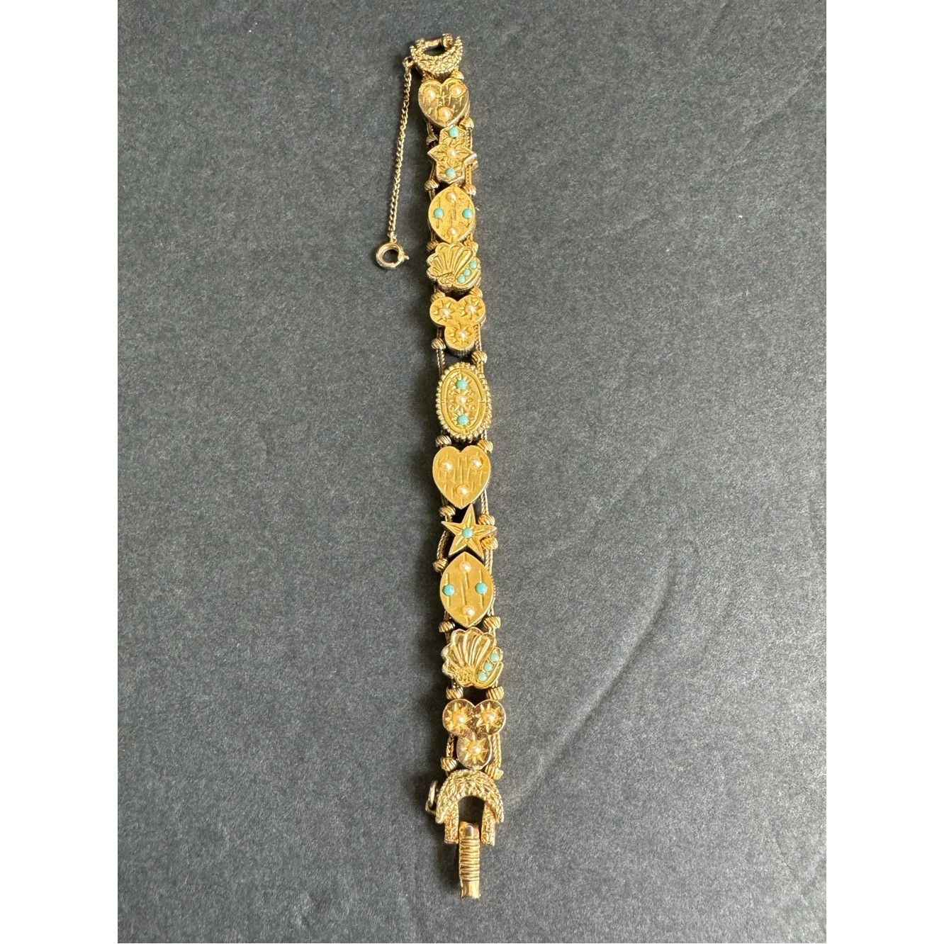 Vintage Victorian Revival Slide Charm Bracelet 60s Sweetheart Lucky Gold Tone