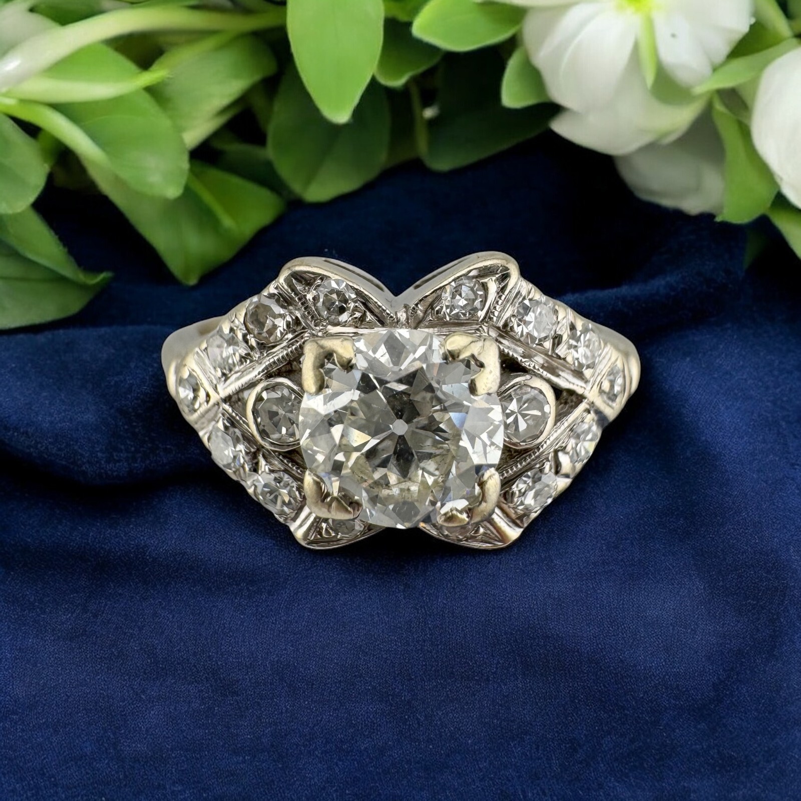 Vintage Art Deco Era 14K White Gold Old European Cut Diamond Ring 0.76ct Center