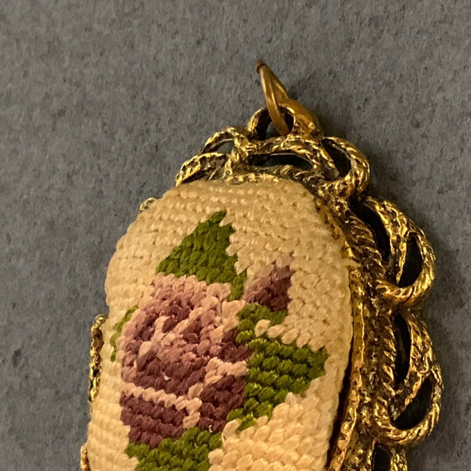 Vintage Needlepoint Mirror Pendant As Is Retro Gold Cream Purple Green Flower