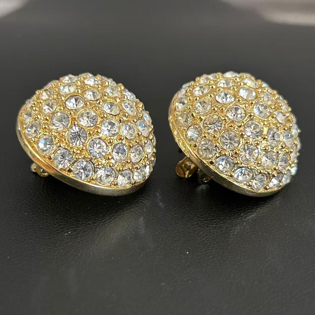 Vintage 1980s Gold Tone Pave Rhinestone Dome Clip On Earrings Snowball Statement