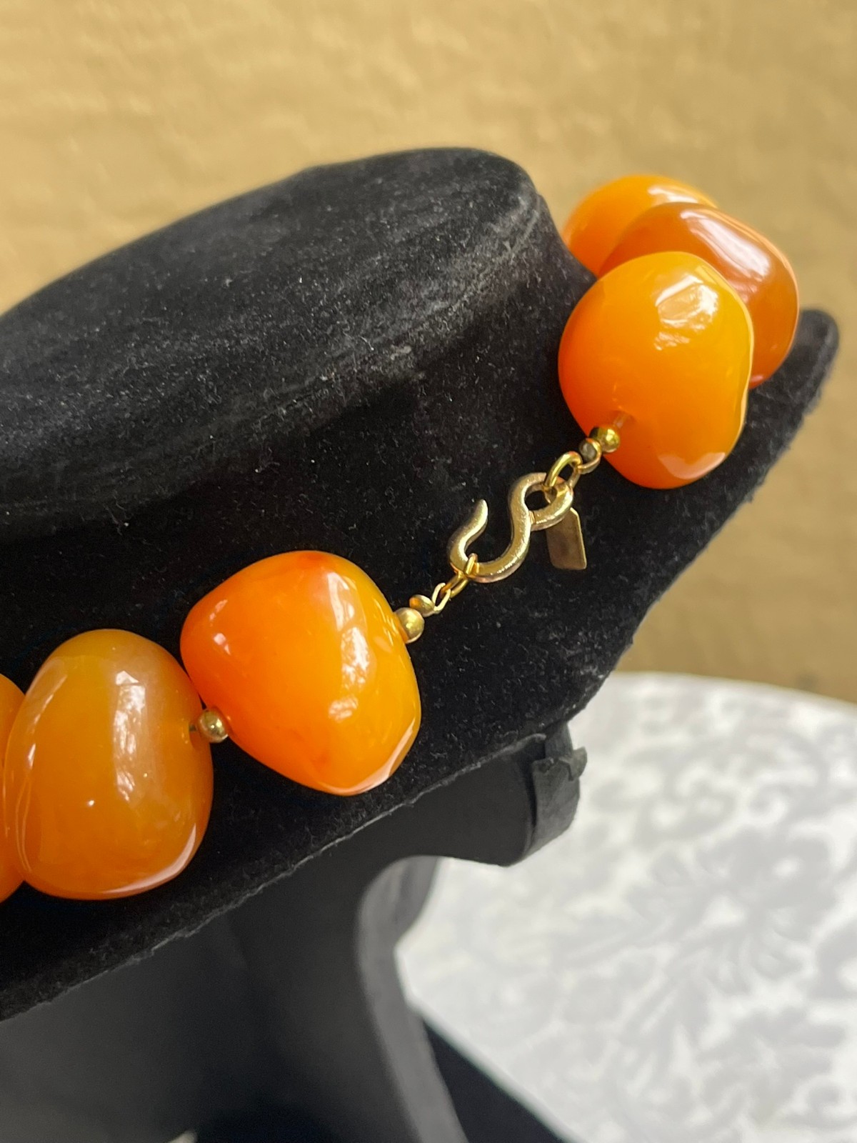Kenneth Lane Amber Orange Resin Nugget Beaded Chunky Gold Plated Collar Necklace
