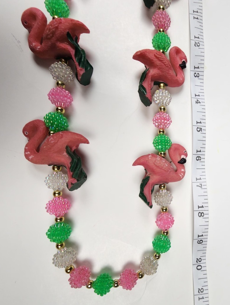 VTG Pastel Resin POPCORN Beaded Flamingo Necklace Pink Green FUN witty Wear