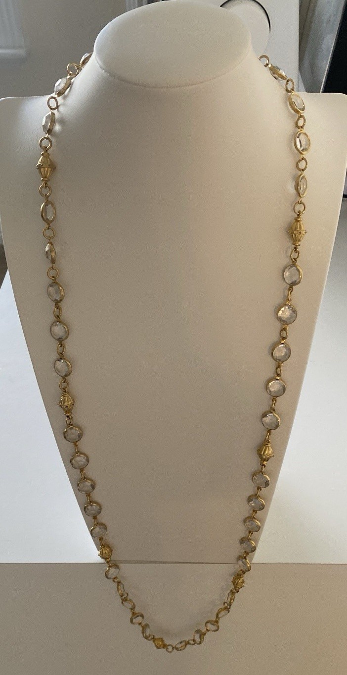 Vintage Gold Tone Bezel Set Swarovski Crystal Necklace 40 Inches Long