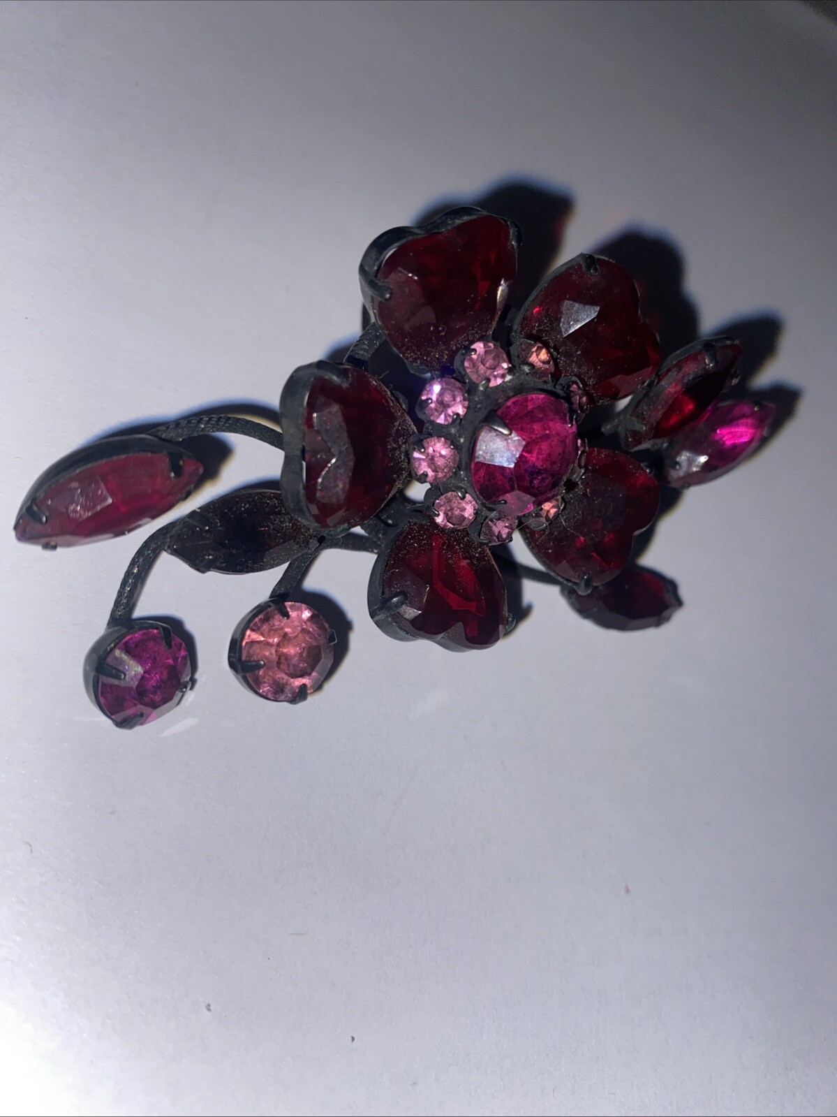 Vintage Unsigned SCHREINER Julian Pink & Fuchsia Flower Red Hearts Pin Brooch