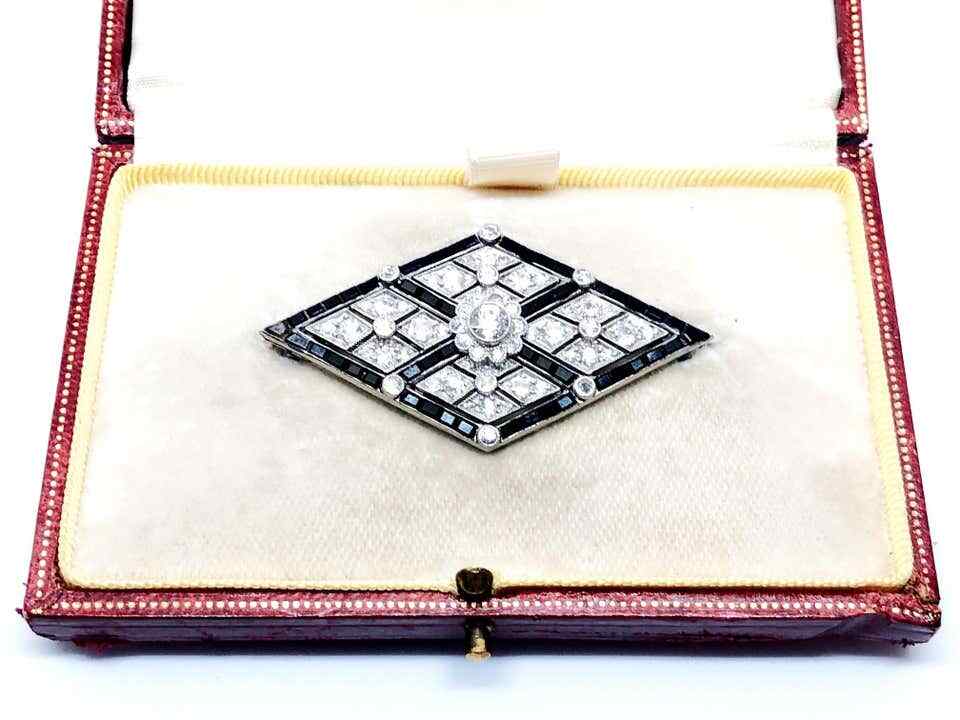 One Of A Kind Lozenge Shape Vintage Brooch With Black Shiny Onyx & Pure White CZ