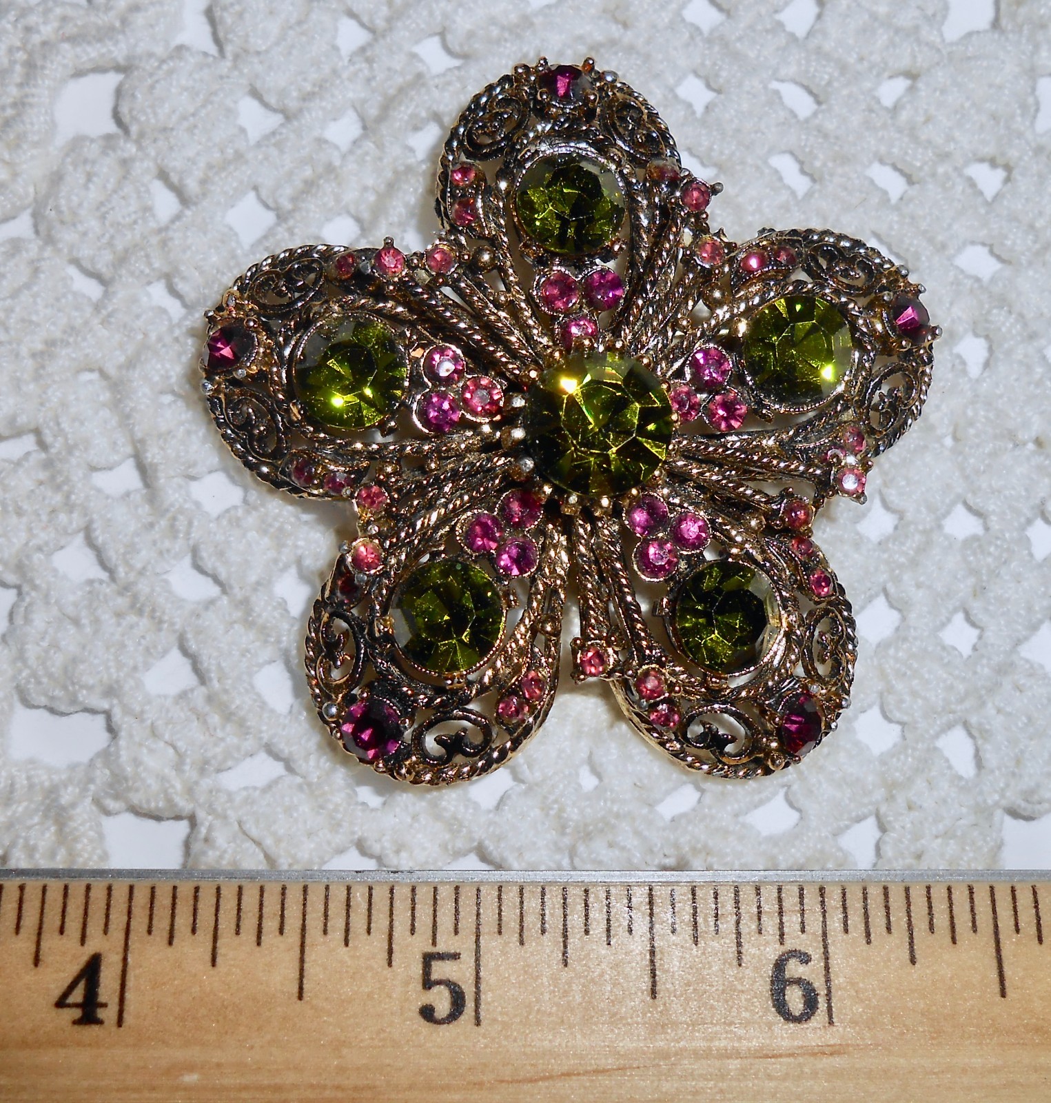Vintage Peridot Green and Fuchsia Pink Rhinestone Flower Brooch Pin P100