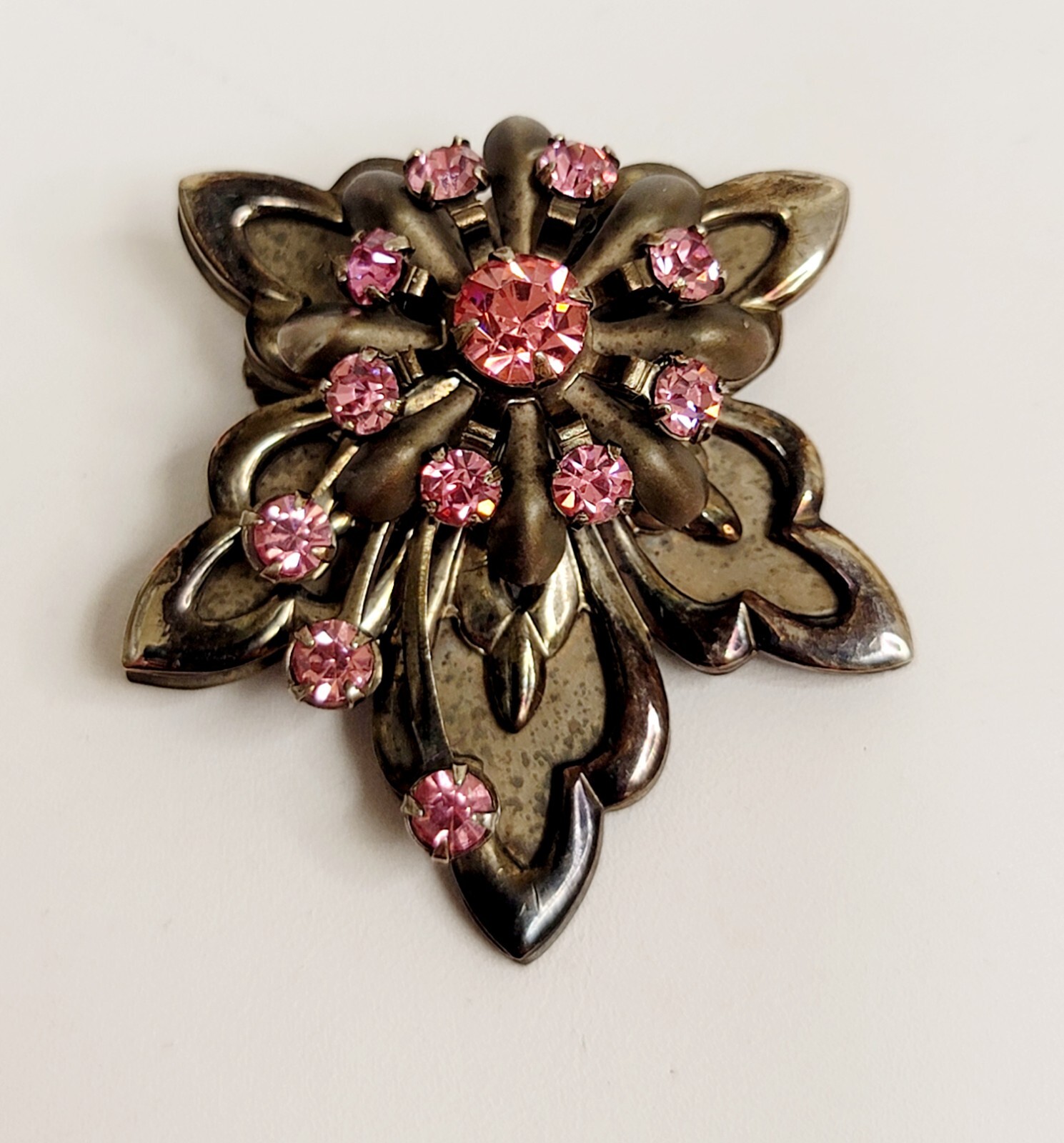Vintage Floral Gunmetal Pink Rhinestone Brooch Pendant