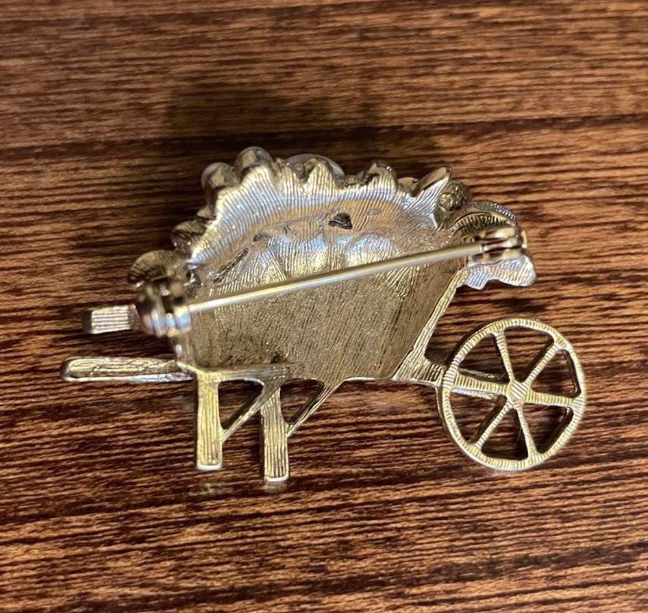 Vintage Porcelain Rose Wheelbarrow Brooch Pin Gold Tone