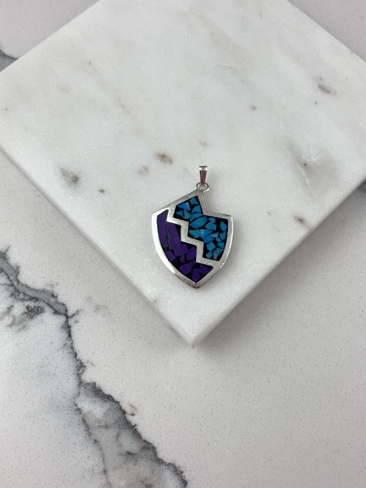 Vintage 925 Sterling Silver Mexico Blue Purple Turquoise Modernist Pendant