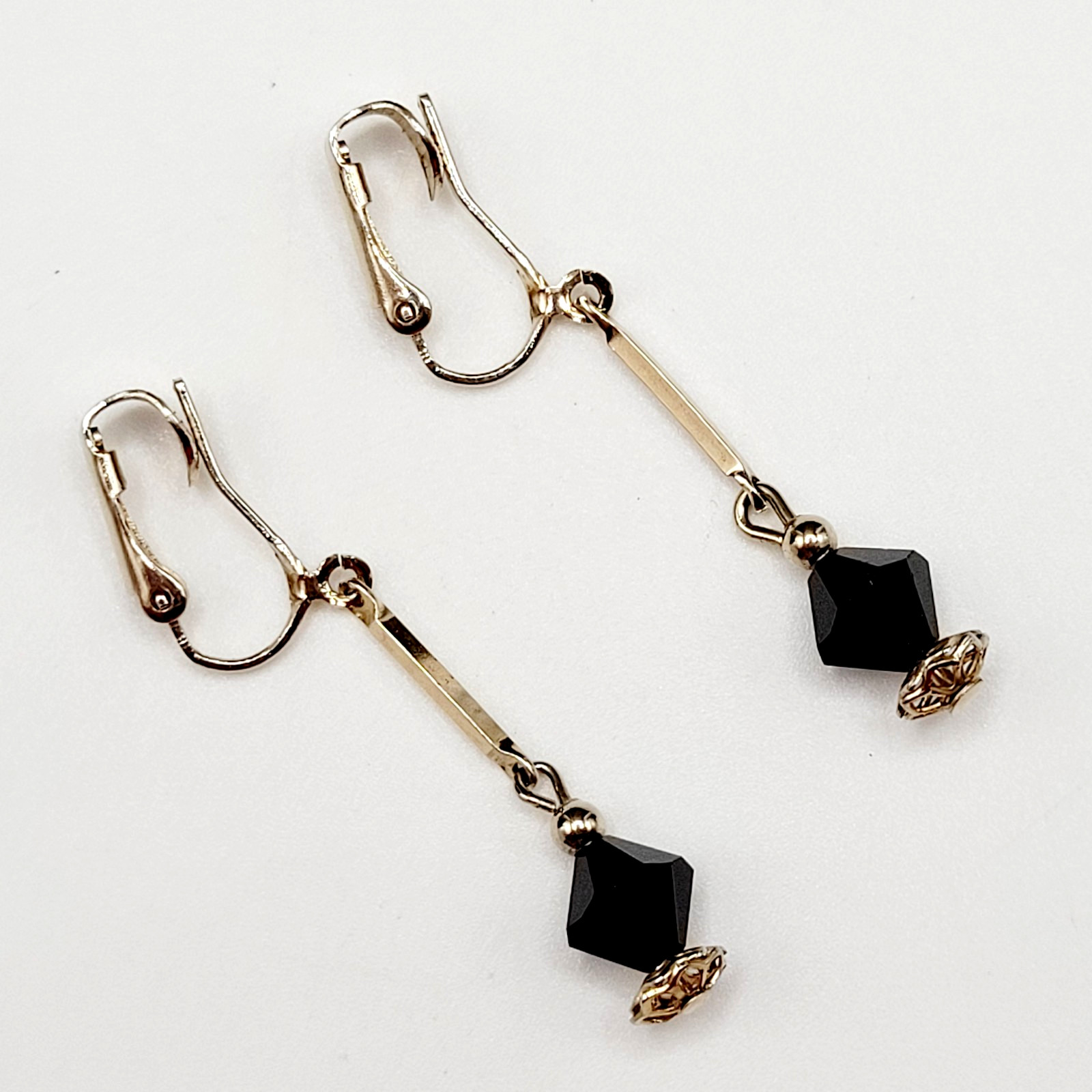 Minimalist Art Deco Drops Black Bicone Crystal Gold Tone Vtg Clip On Earrings