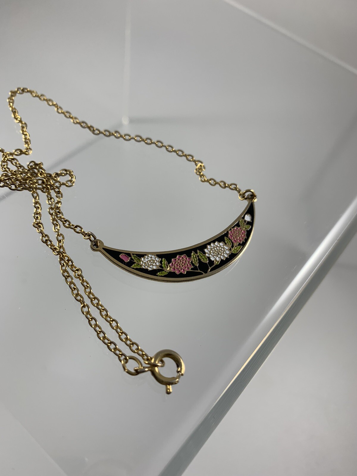 Painted Necklace Vintage Gold Black Flowers Unknown Maker Not Sure 16 In.