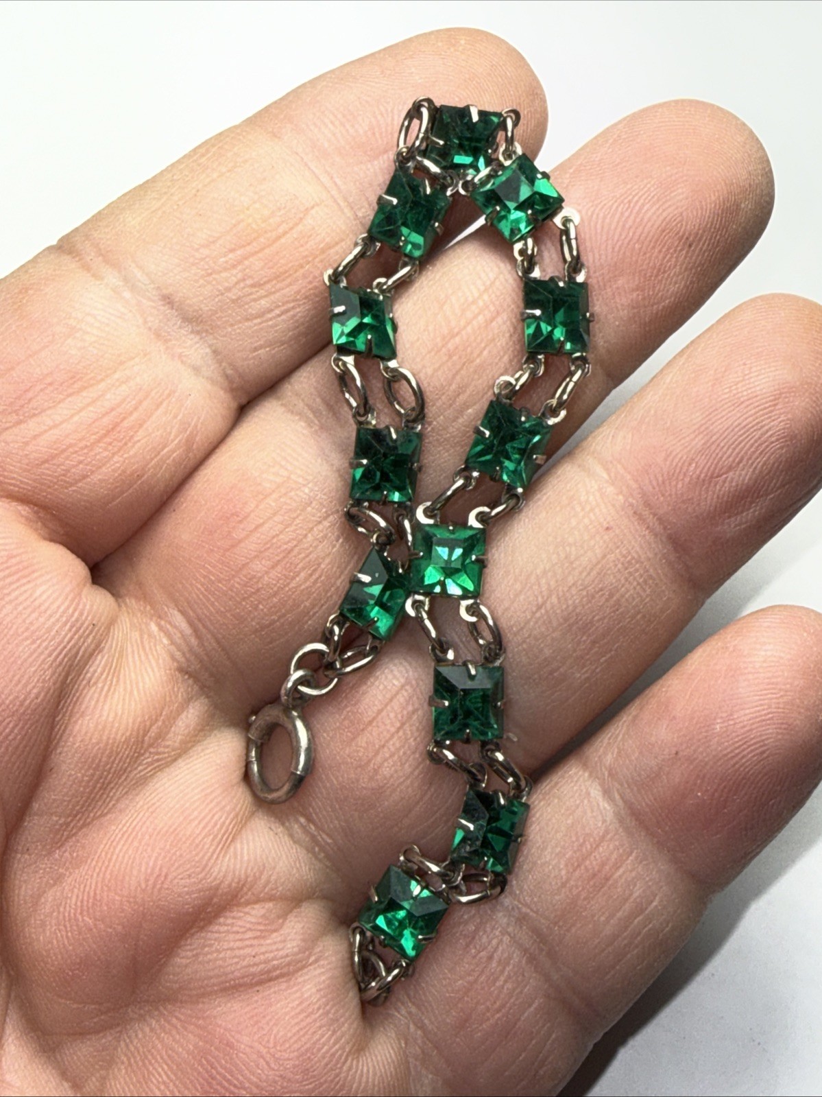 Bracelet Art Deco Paste Gwen Emerald Glass Sterling Silver Square Stone Antique