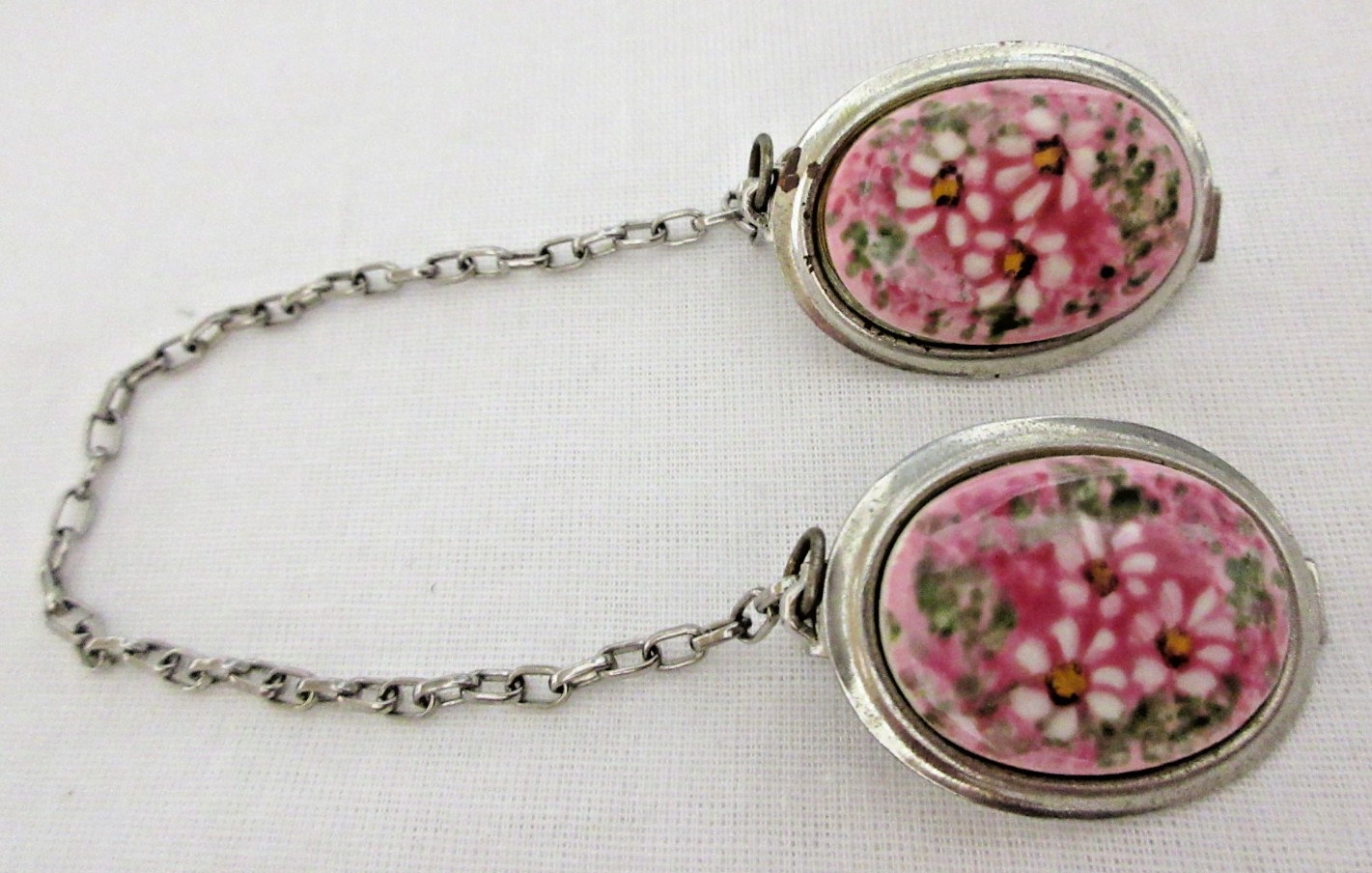 Vintage Silver Tone Hand Painted Pink with White Flowers Porcelain Sweater Clip