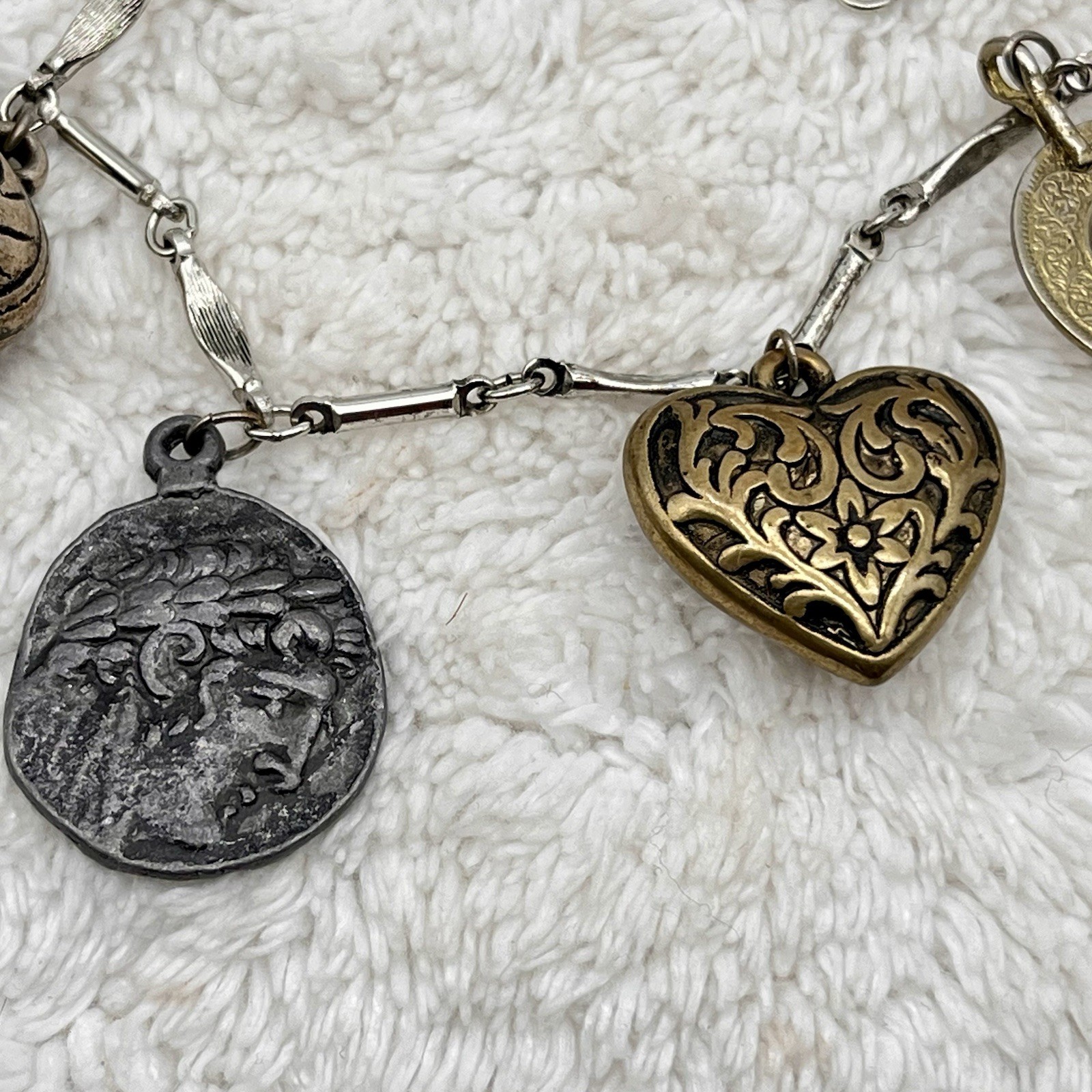 Vintage Puffy Heart Charm Necklace Silver Tone Bronze Tone 32″